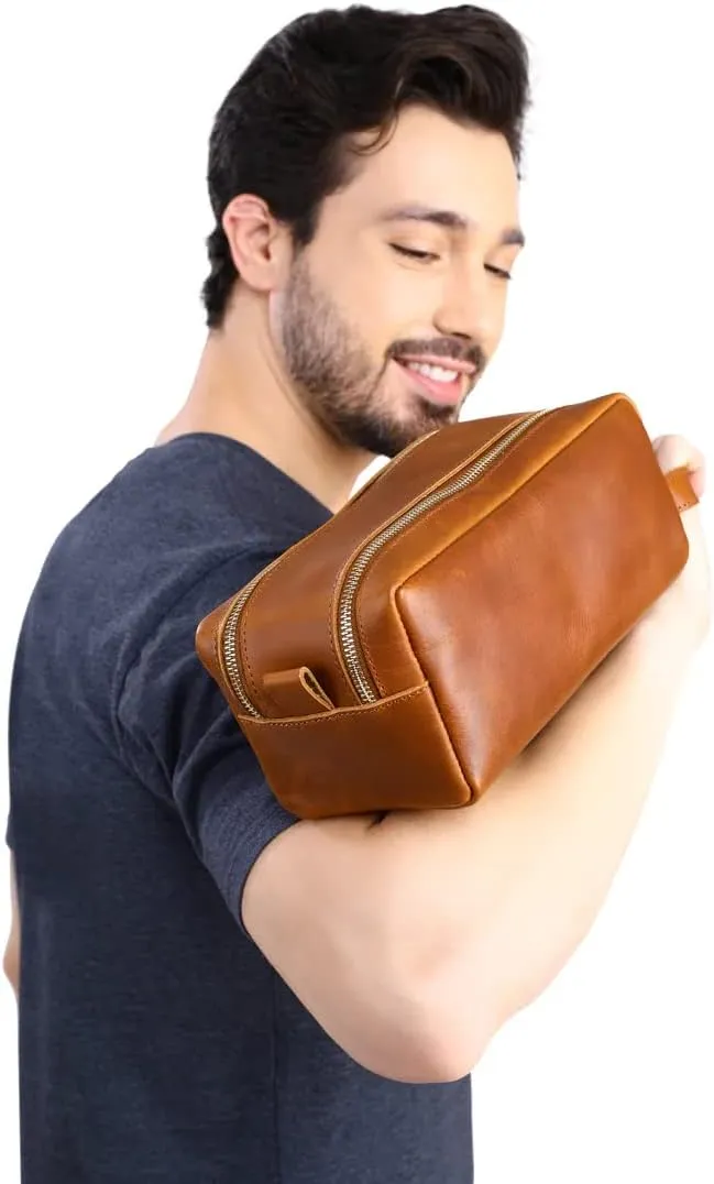hanging toiletry bag, mens toiletry bag leather dopp kit mens travel bag toiletry cosmetic bag mens shaving bag (1 Light Brown)