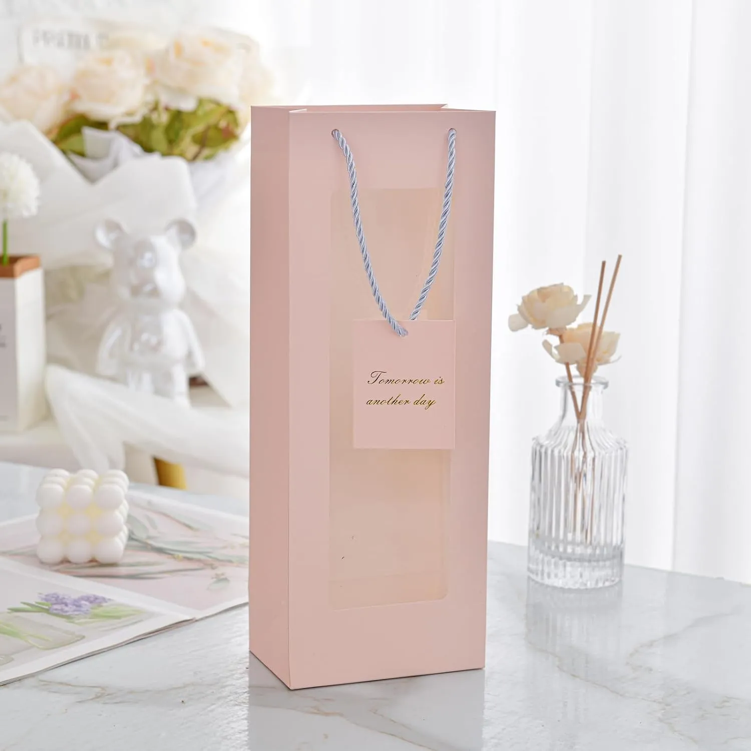 HANSWARE 12PCS Wine Gift Bags with Handles for Bottles Gifts Clear Window Paper Wine Bag for Valentines,Wedding,Easter,Christmas,Baby Shower,Birthday Party,Pink-12PCS