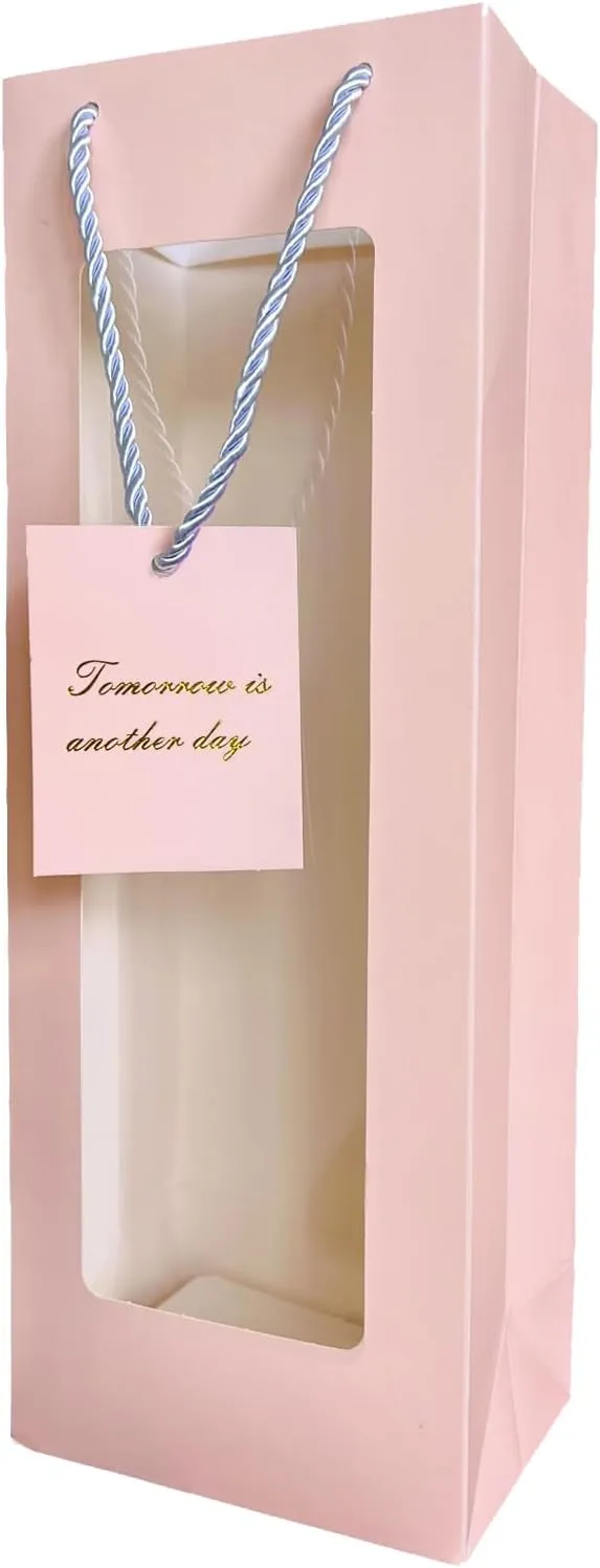 HANSWARE 12PCS Wine Gift Bags with Handles for Bottles Gifts Clear Window Paper Wine Bag for Valentines,Wedding,Easter,Christmas,Baby Shower,Birthday Party,Pink-12PCS