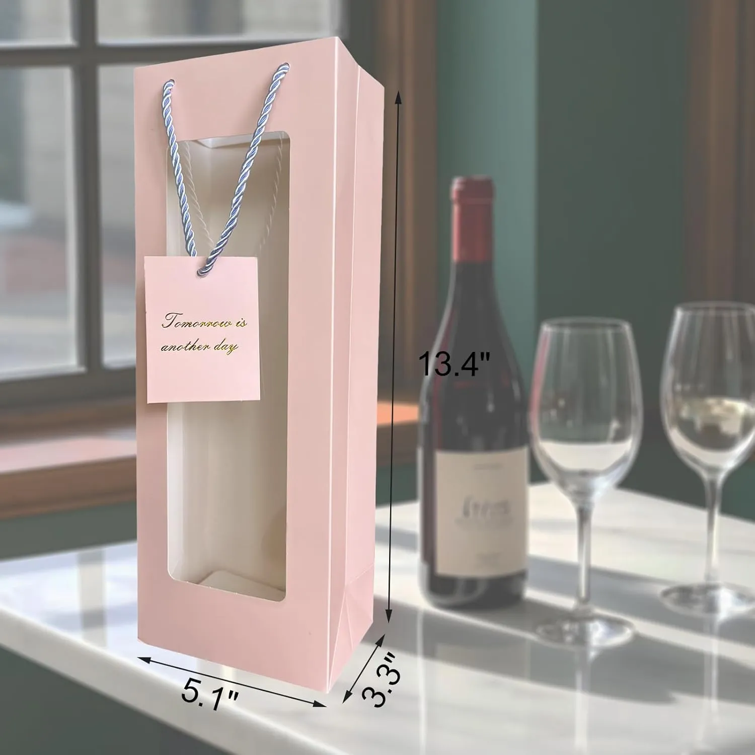 HANSWARE 12PCS Wine Gift Bags with Handles for Bottles Gifts Clear Window Paper Wine Bag for Valentines,Wedding,Easter,Christmas,Baby Shower,Birthday Party,Pink-12PCS