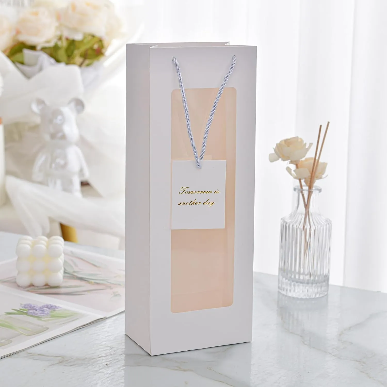 HANSWARE 12PCS Wine Gift Bags with Handles for Bottles Gifts Clear Window Paper Wine Bag for Valentines,Wedding,Easter,Christmas,Baby Shower,Birthday Party,Pink-12PCS
