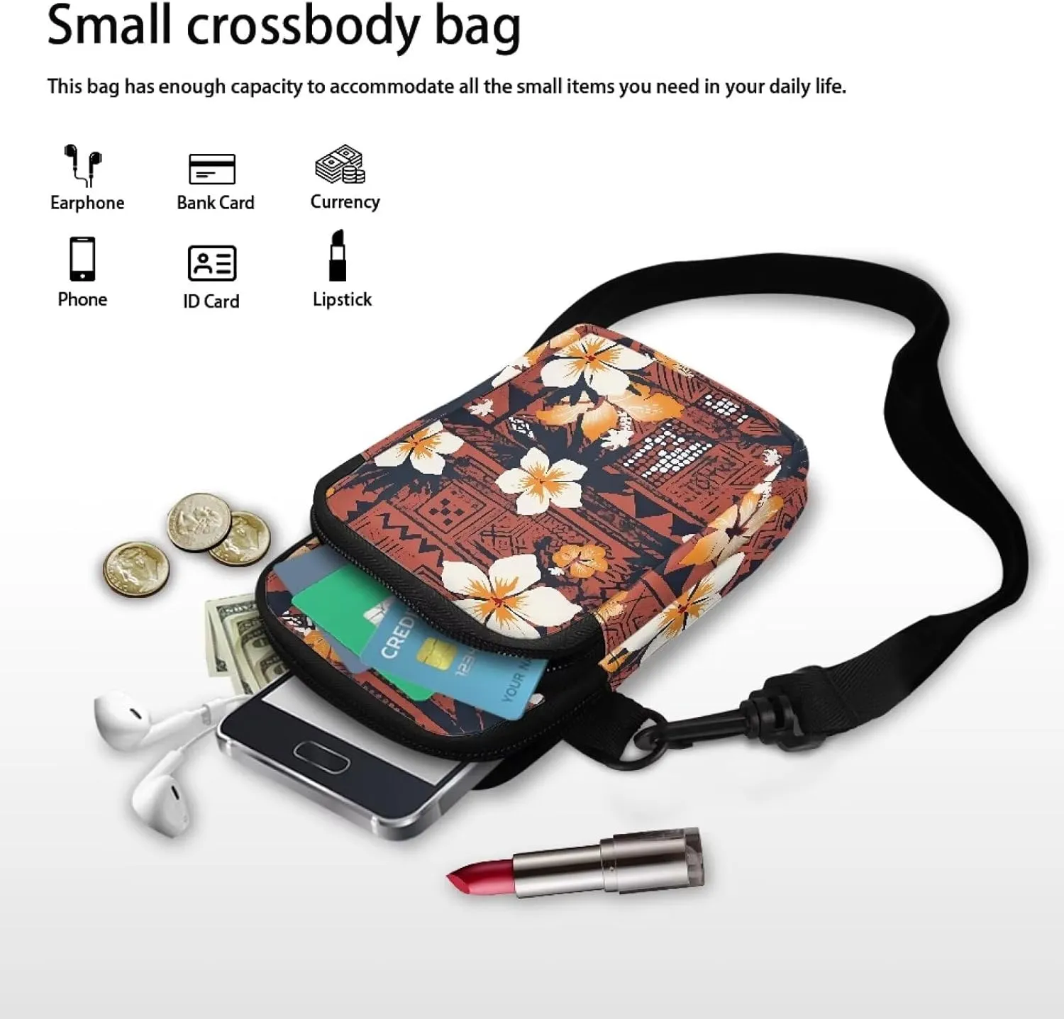 Hawaiian Tribal Small Crossbody Bags for Women Cell Phone Bag Purse, Sea Turtle Zipper Sling Purses Shoulder Bag