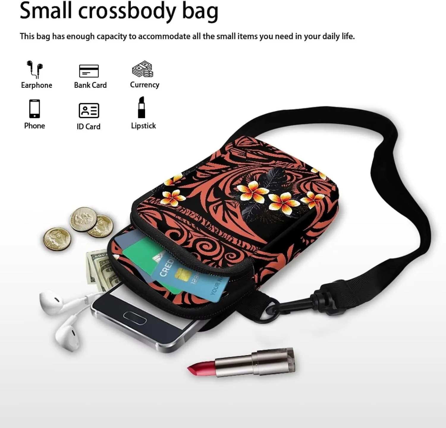 Hawaiian Tribal Small Crossbody Bags for Women Cell Phone Bag Purse, Sea Turtle Zipper Sling Purses Shoulder Bag