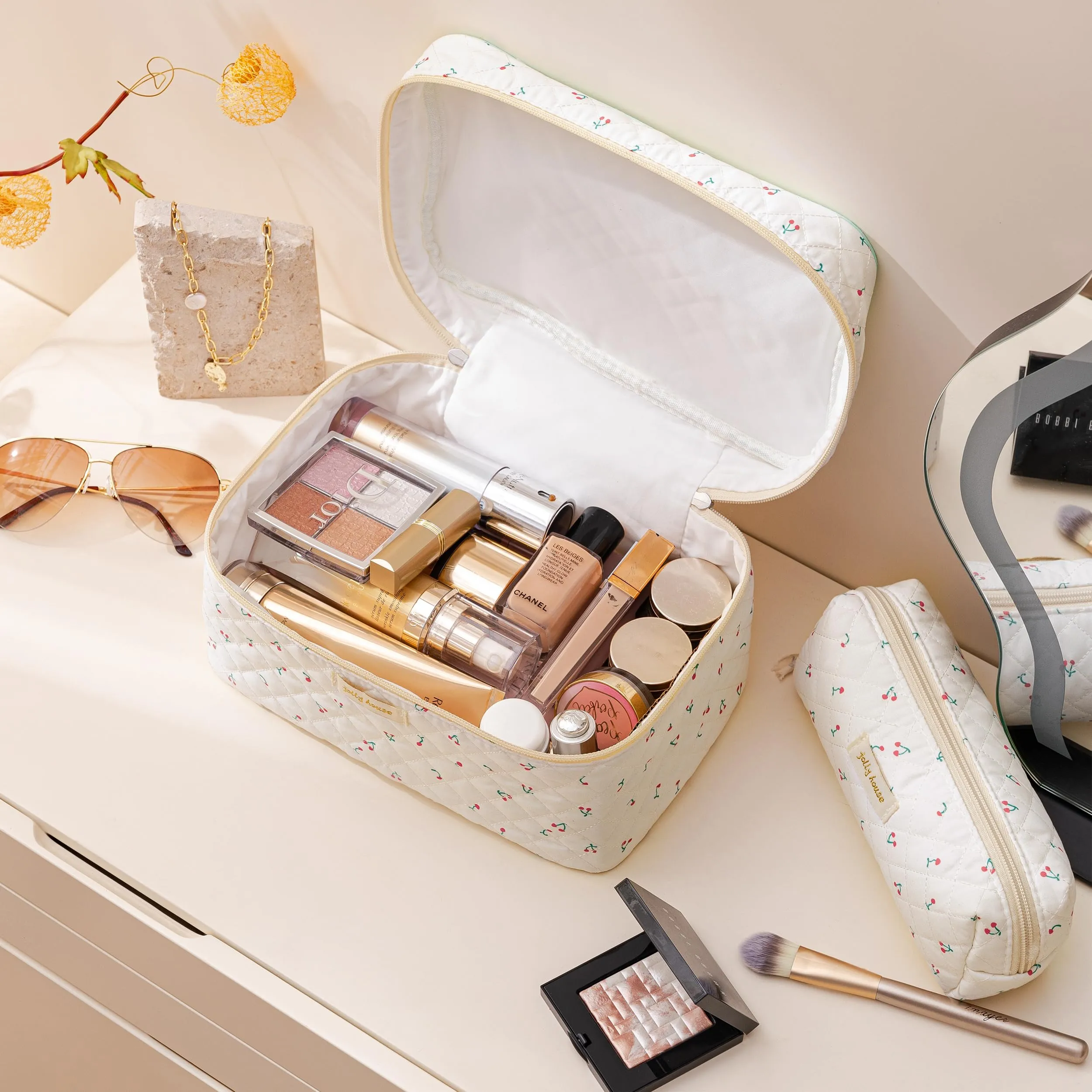 HBselect Quilted Makeup Bag, 3PCS Cotton Large Travel Makeup Bag, Cute Floral Coquette Make up Bag Cosmetic Bag Toiletry Bag for Women Girls