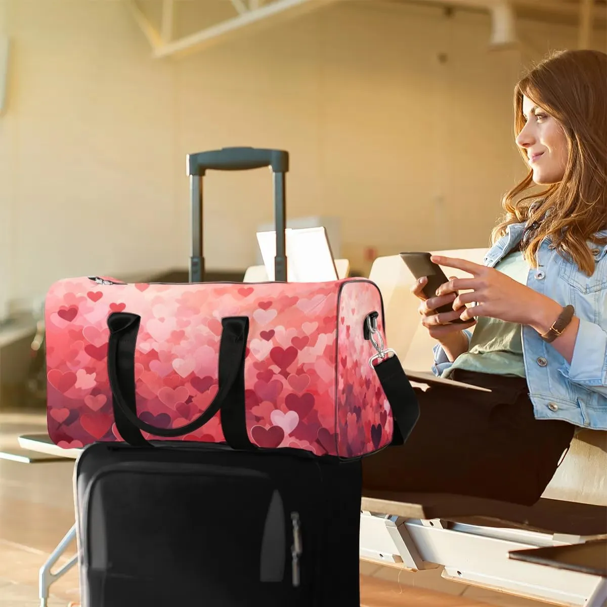 Heart Valentine's Day Travel Duffel Bag for Women Men Waterproof Foldable Overnight Weekender Bag Large Capacity Sports Gym Bag