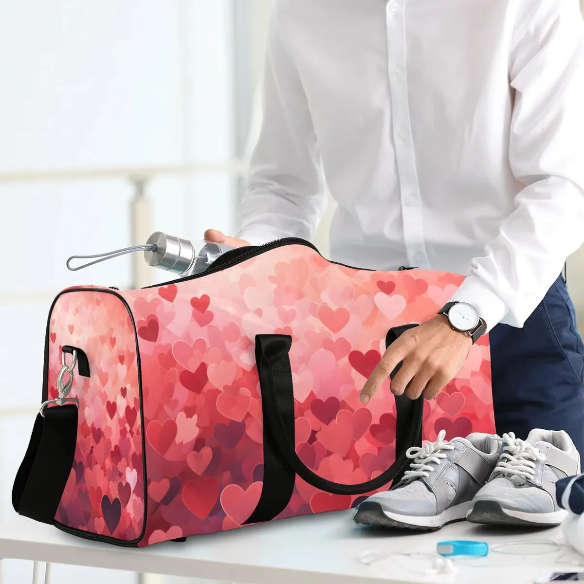 Heart Valentine's Day Travel Duffel Bag for Women Men Waterproof Foldable Overnight Weekender Bag Large Capacity Sports Gym Bag