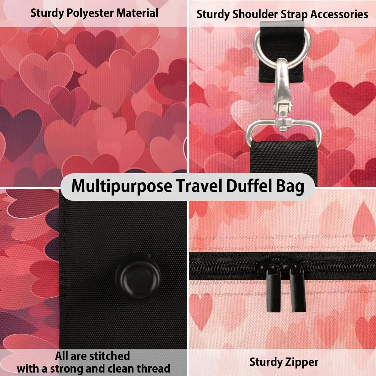 Heart Valentine's Day Travel Duffel Bag for Women Men Waterproof Foldable Overnight Weekender Bag Large Capacity Sports Gym Bag