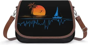 Heartbeat with Sailboat Tropical Palm Trees Crossbody Bags for Women Leather Tote Bag Handbag Purse for Work Travel