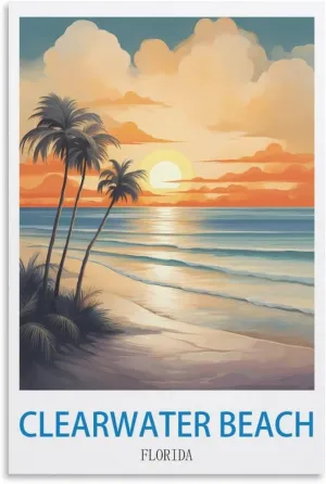 HeyBox Clearwater Beach Florida Vintage Travel Posters 24x36inch(60x90cm) Canvas Prints Wall Art Paintings for Home Office Living Room Decor