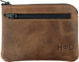 Hide & Drink, Rectangular Zippered Pouch, Compact Bag for Coins, Small Personal Items, Cash & Card Holder, Full Grain Leather, Handmade, Bourbon Brown