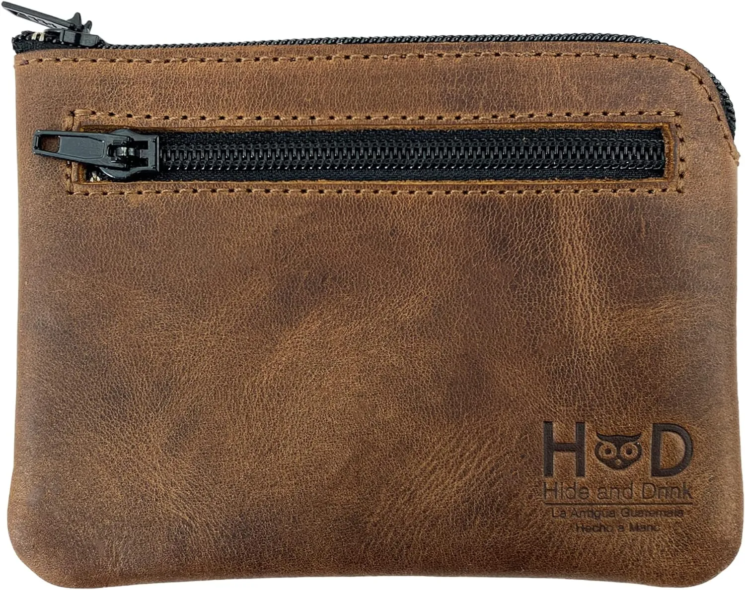 Hide & Drink, Rectangular Zippered Pouch, Compact Bag for Coins, Small Personal Items, Cash & Card Holder, Full Grain Leather, Handmade, Bourbon Brown