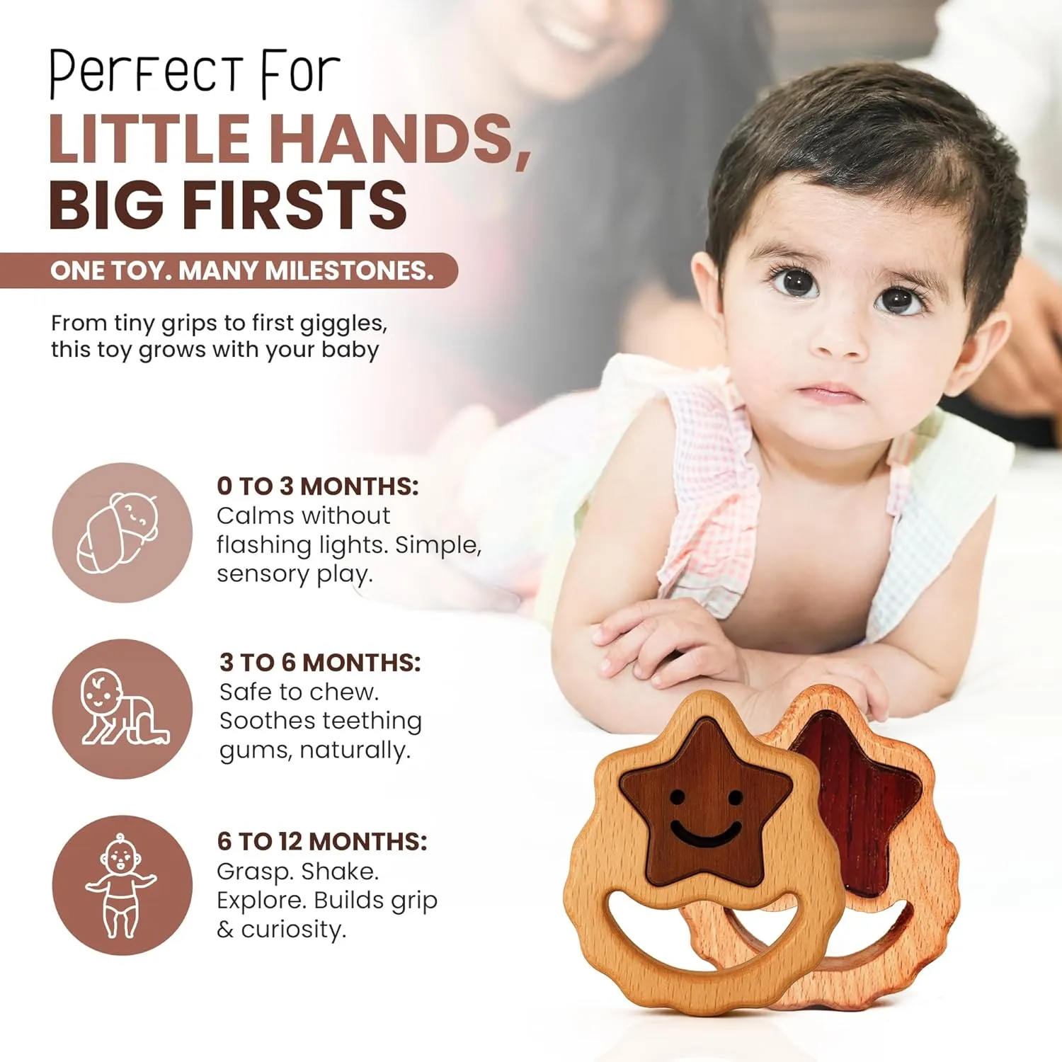 HippoToys Handmade Wooden Baby Rattle & Teething Toy - Premium Baby Rattle for 6-12 Months with 100% Natural Wood - Montessori Interactive Rattle for Sensory Development - Perfect Gift for Newborns