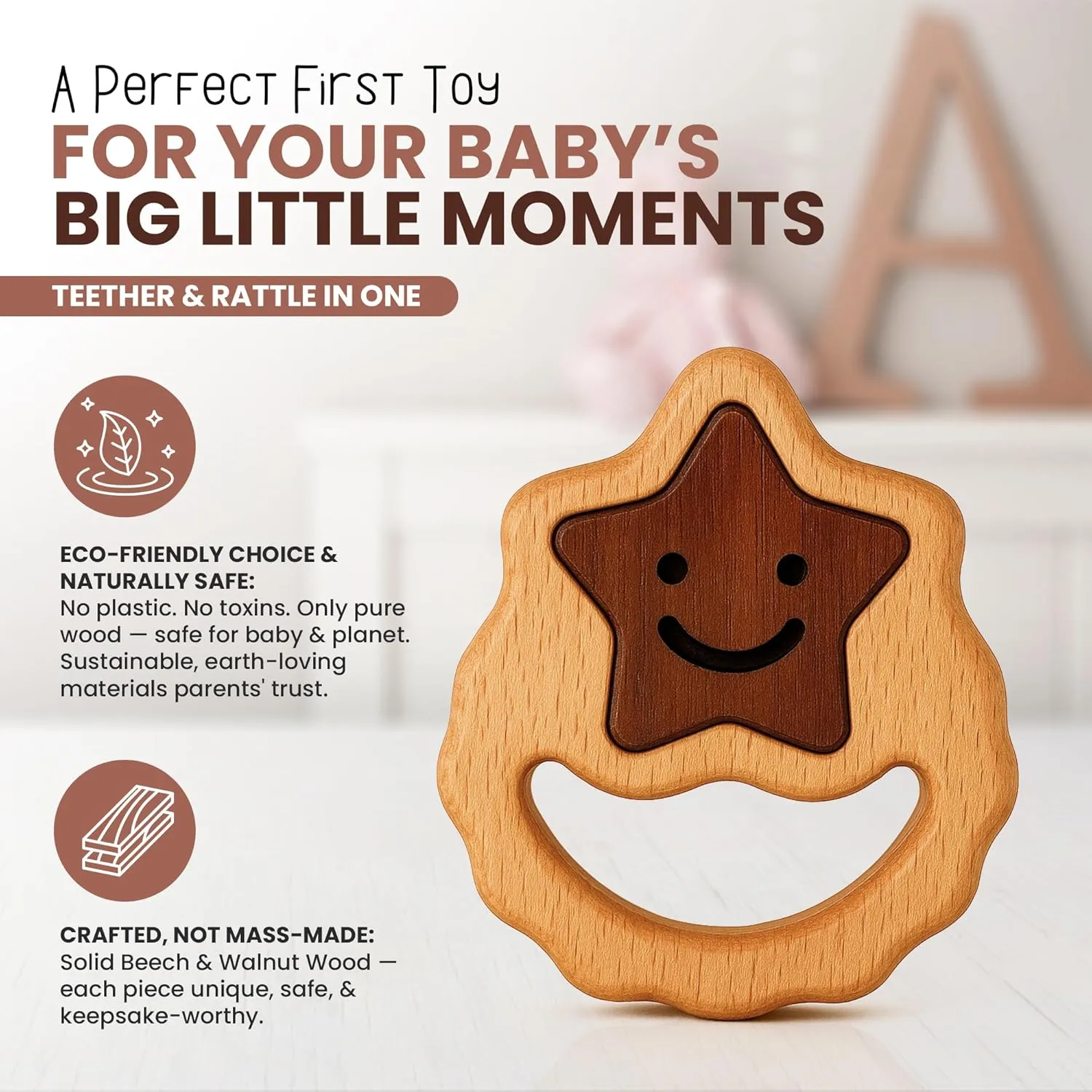 HippoToys Handmade Wooden Baby Rattle & Teething Toy - Premium Baby Rattle for 6-12 Months with 100% Natural Wood - Montessori Interactive Rattle for Sensory Development - Perfect Gift for Newborns