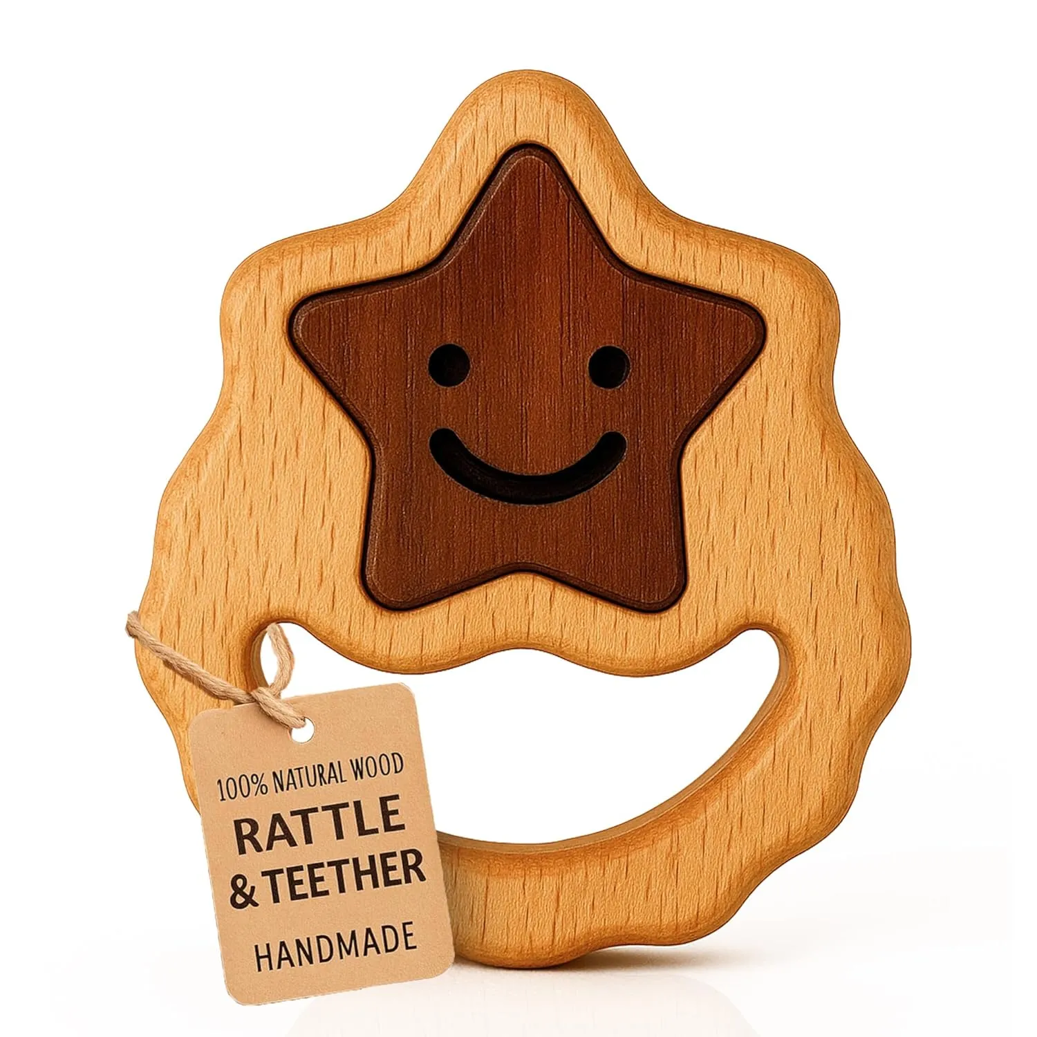 HippoToys Handmade Wooden Baby Rattle & Teething Toy - Premium Baby Rattle for 6-12 Months with 100% Natural Wood - Montessori Interactive Rattle for Sensory Development - Perfect Gift for Newborns