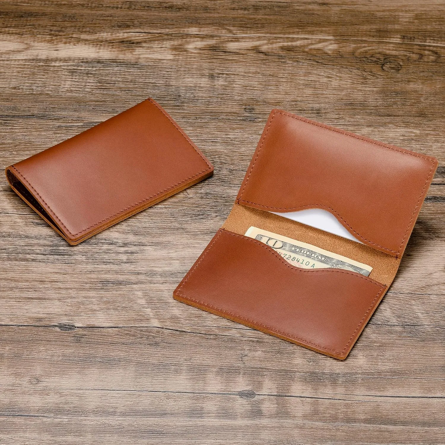 HISCOW Minimalist Thin Bifold Card Holder - Italian Calfskin (Brown)