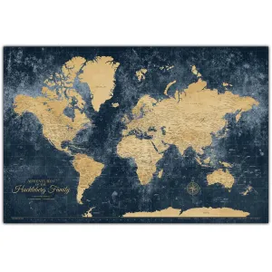 Holy Cow Canvas Personalized Gold & Navy Textured Push Pin World Map on Canvas, Push Pins Included to Track Travels, World Map Pin Board, Best gift for People Who Travel (40" x 24", Gallery Wrapped)