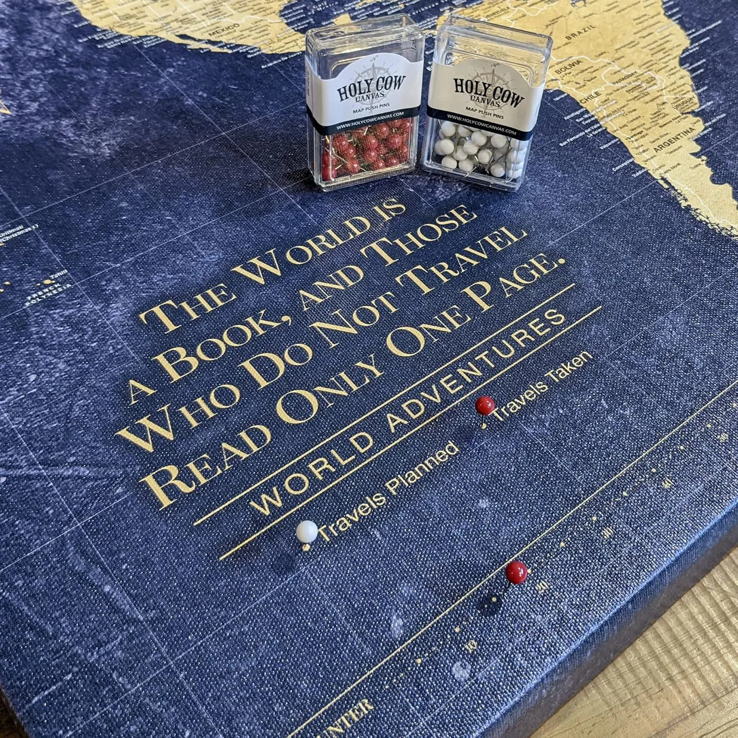Holy Cow Canvas Personalized Gold & Navy Textured Push Pin World Map on Canvas, Push Pins Included to Track Travels, World Map Pin Board, Best gift for People Who Travel (40" x 24", Gallery Wrapped)