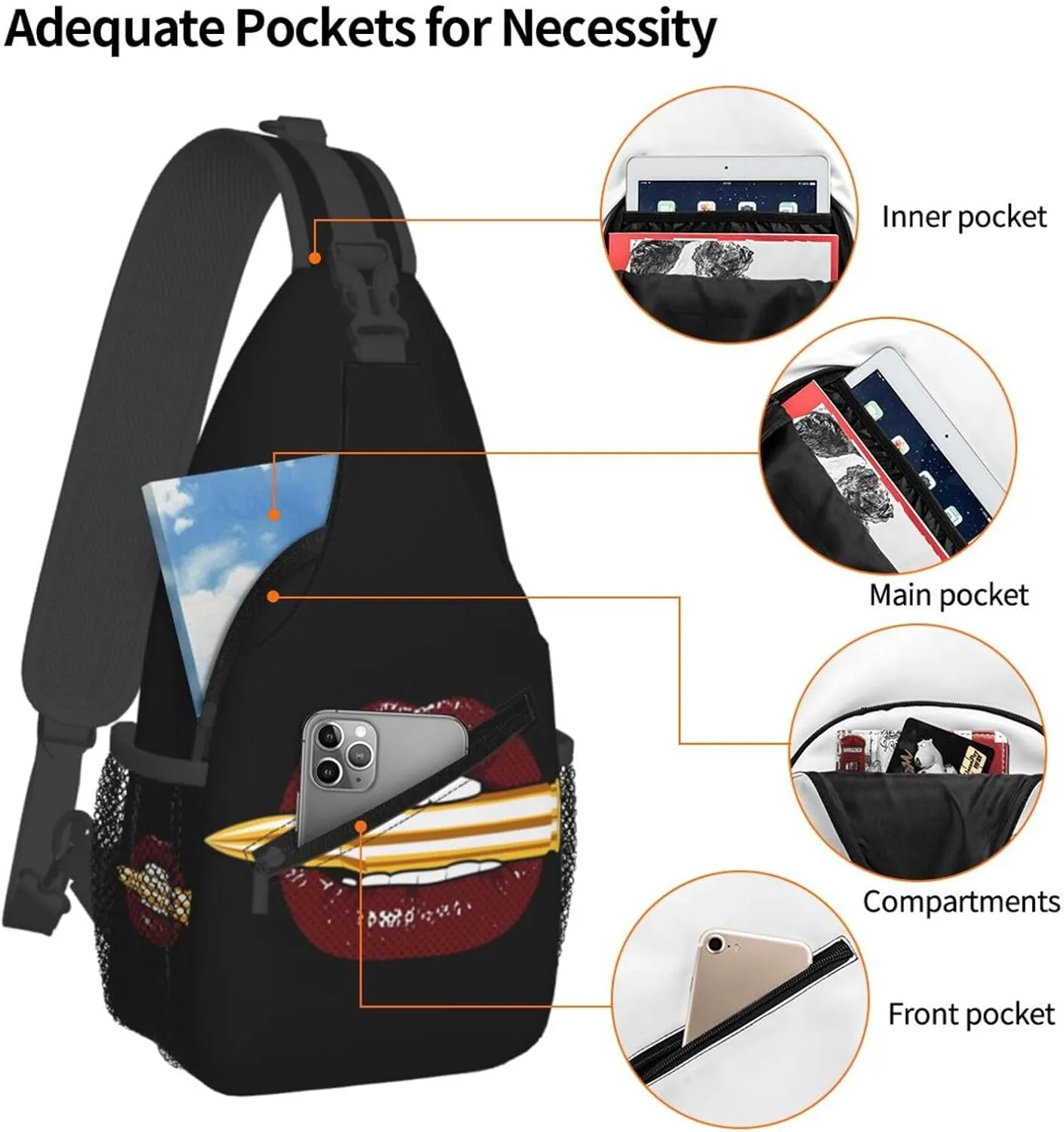 Hot Red Lips Crossbody Bag Cross Chest Bag Adjustable Sling Backpack Sports Gym Shoulder Bags Travel Cycling Daypack Diagonally Casual Rucksack