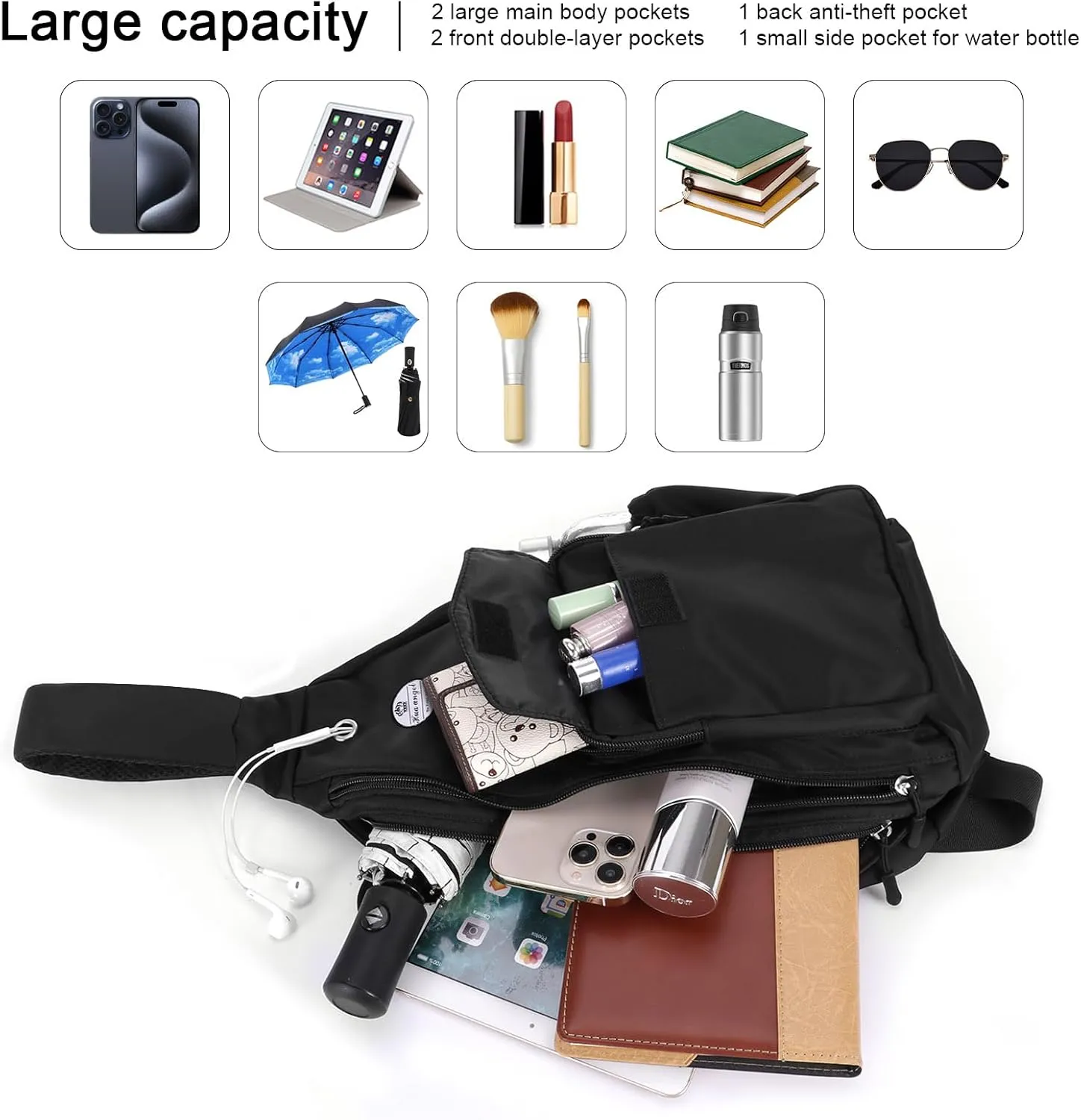 HUA ANGEL Crossbody Sling Bag for Men Women Lightweight Over the Shoulder Purse Day Bag Multipockets for Travel, Hiking, Gym