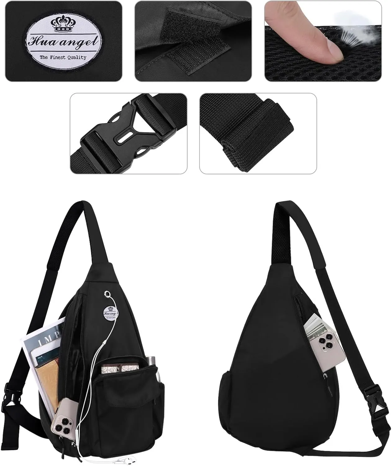 HUA ANGEL Crossbody Sling Bag for Men Women Lightweight Over the Shoulder Purse Day Bag Multipockets for Travel, Hiking, Gym