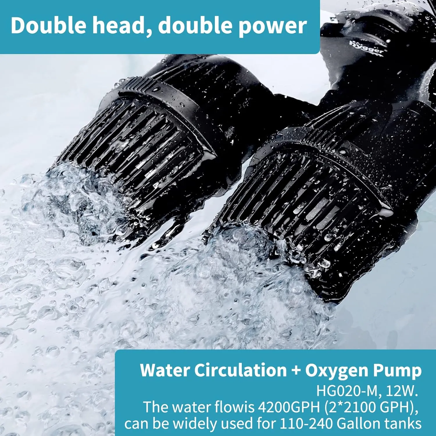 hygger 4200GPH Double Head Aquarium Circulation Pump, Quiet 12W Aquarium Wave Maker, with Strong Magnetic Suction Base, 360°Adjustable Power Head, for 110~240 Gal Tank