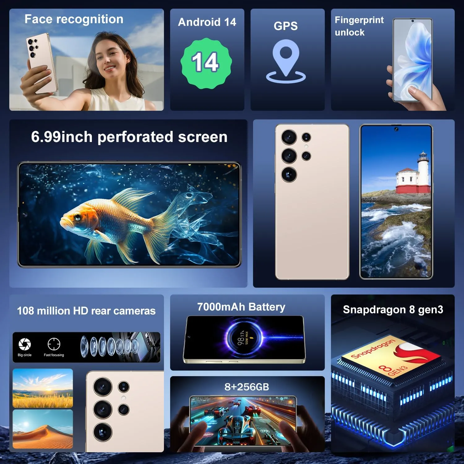 I25 Ultra 5G Unlocked Smartphone,8GB 256GB Fully Cell Phone for Android 14, 6.99" Unlocked Cell Phone, 7000mAh, 68MP 108MP Dual Camera/Dual SIM (Desert Titanium)