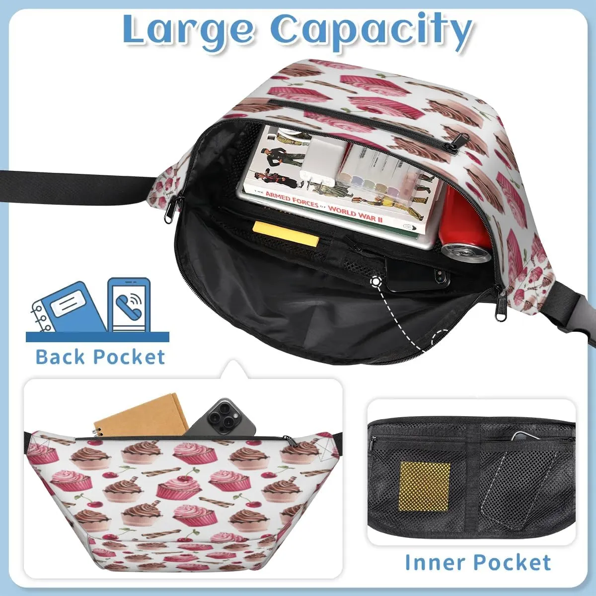 Ice Cream Cherry Crossbody Sling Bag for Women Men Crossbody Backpack with 4 Zipper Pockets Fanny Pack Shoulder Casual Daypack for Travel Running Hiking Cycling