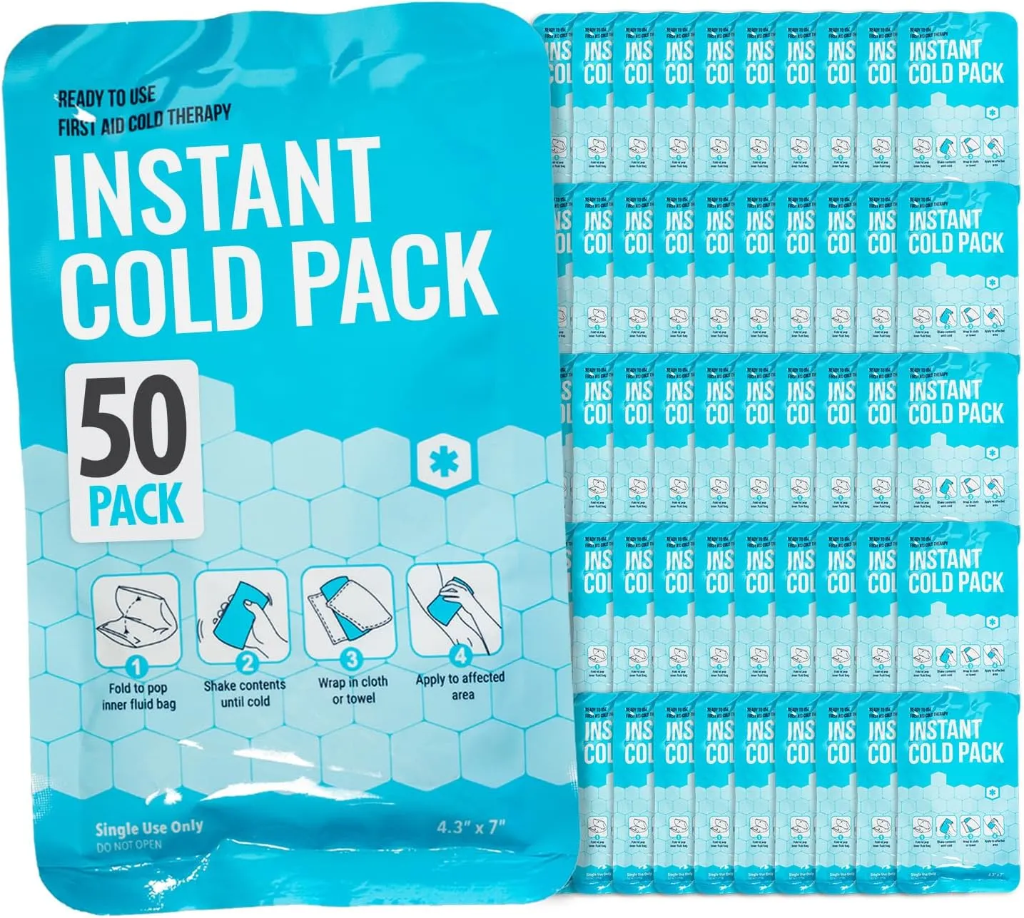 ICEWRAPS 4x7 Instant Cold Pack - Bulk Box of 50 | Cold Compress Instant Ice Pack for Emergency | Disposable Ice Packs for Injuries | Instant Breakable Ice Packs for First Aid and Sports