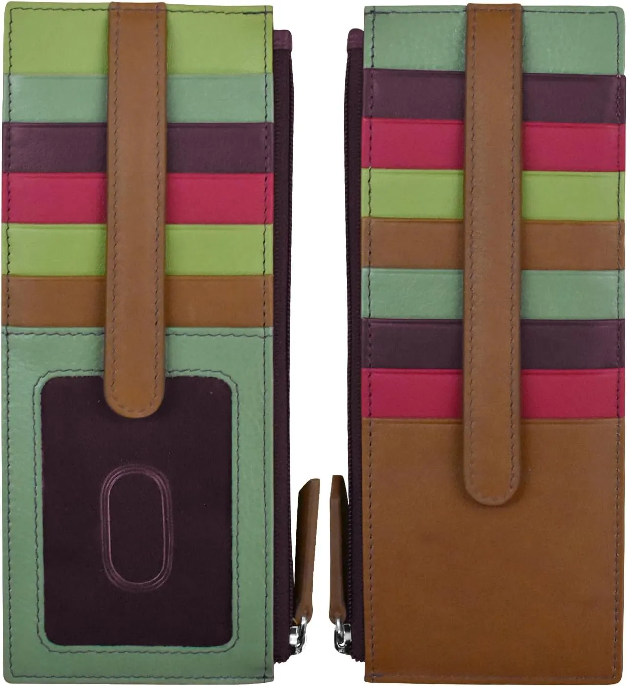 ili New York Long Double Sided Slim Wallet, RFID Blocking Card Holder with ID Window and Side Zip Pocket for Men and Women, Sage Multi