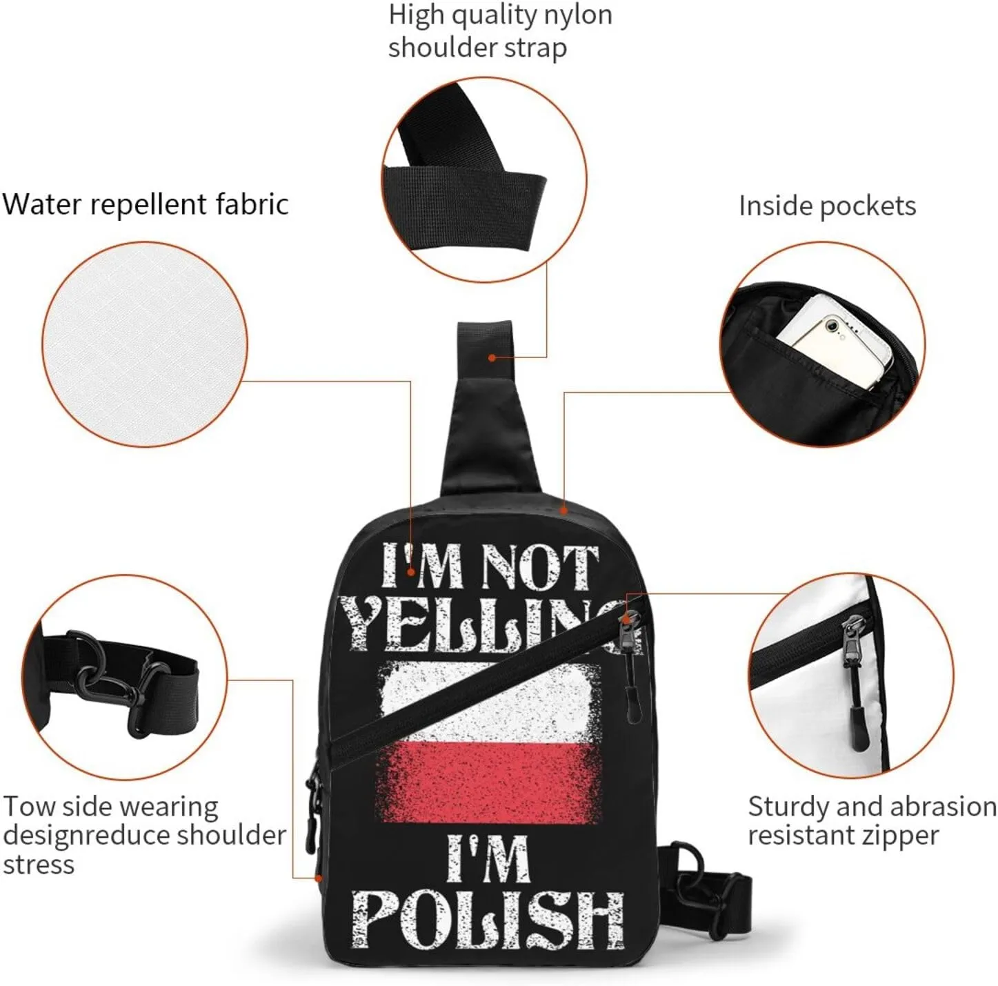 I'm Not Yelling I'm Polish Funny Polish Pride Portable Crossbody Bag Foldable Sling Bags Sports Gym Chest Daypack Reusable Shoulder Backpack Casual Diagonally Rucksack Fanny Packs