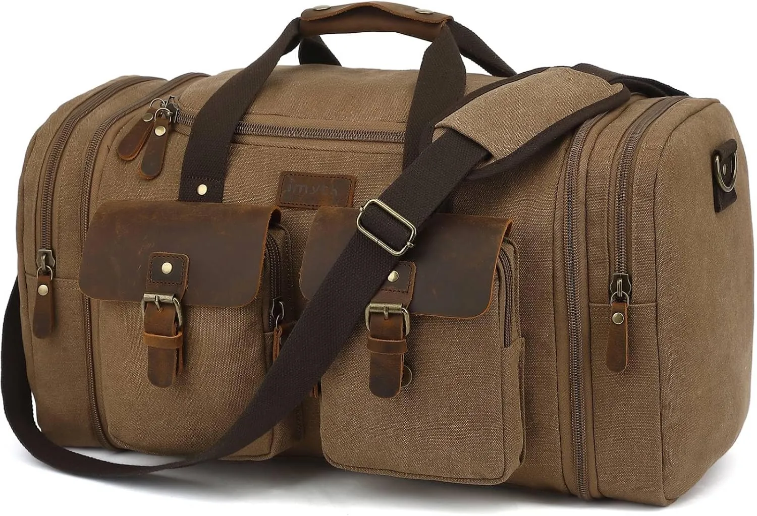 Imyth Retro Crazy Horse Leather Canvas Duffle Bag 60L Expandable Travel Bag for Airplanes (Coffee)