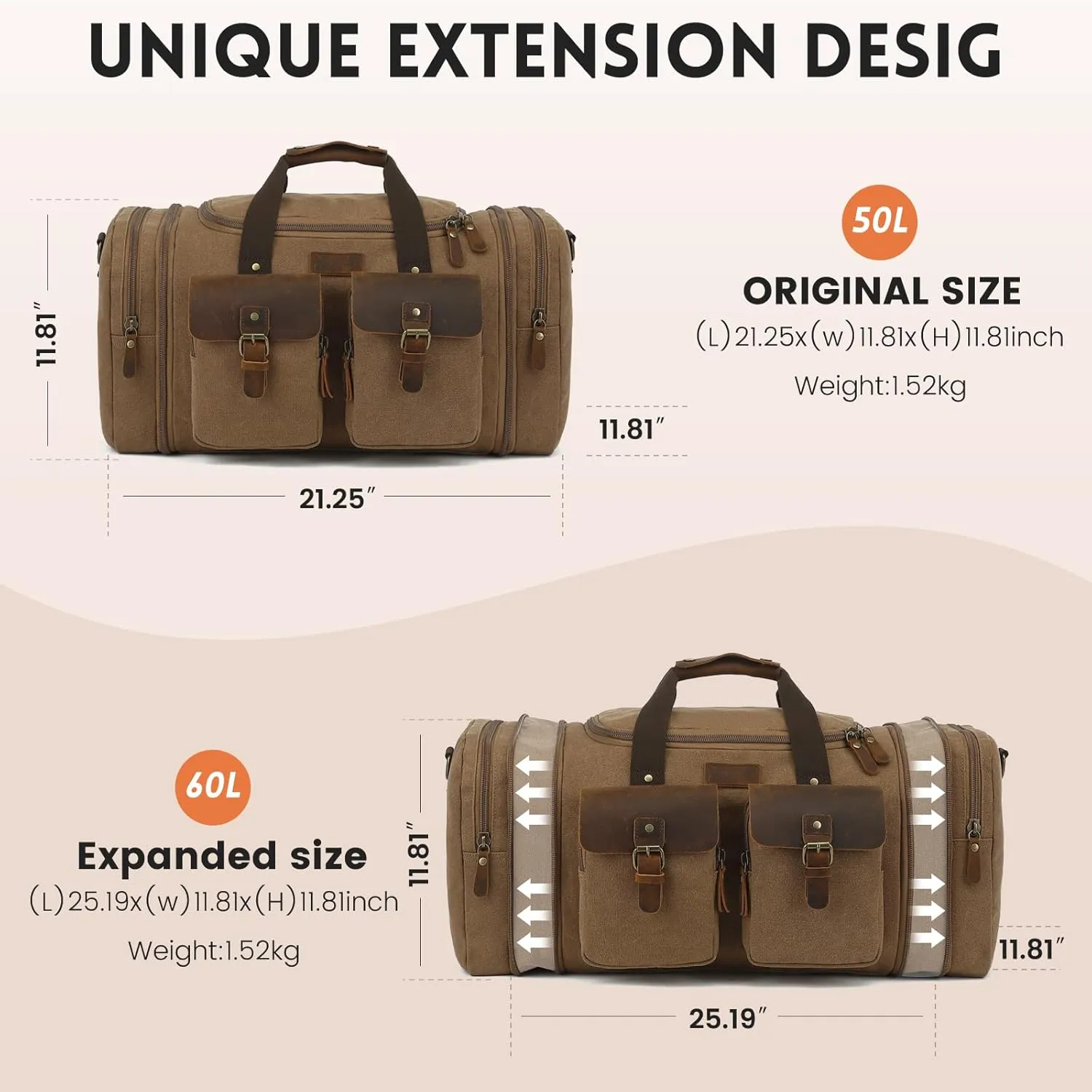 Imyth Retro Crazy Horse Leather Canvas Duffle Bag 60L Expandable Travel Bag for Airplanes (Coffee)
