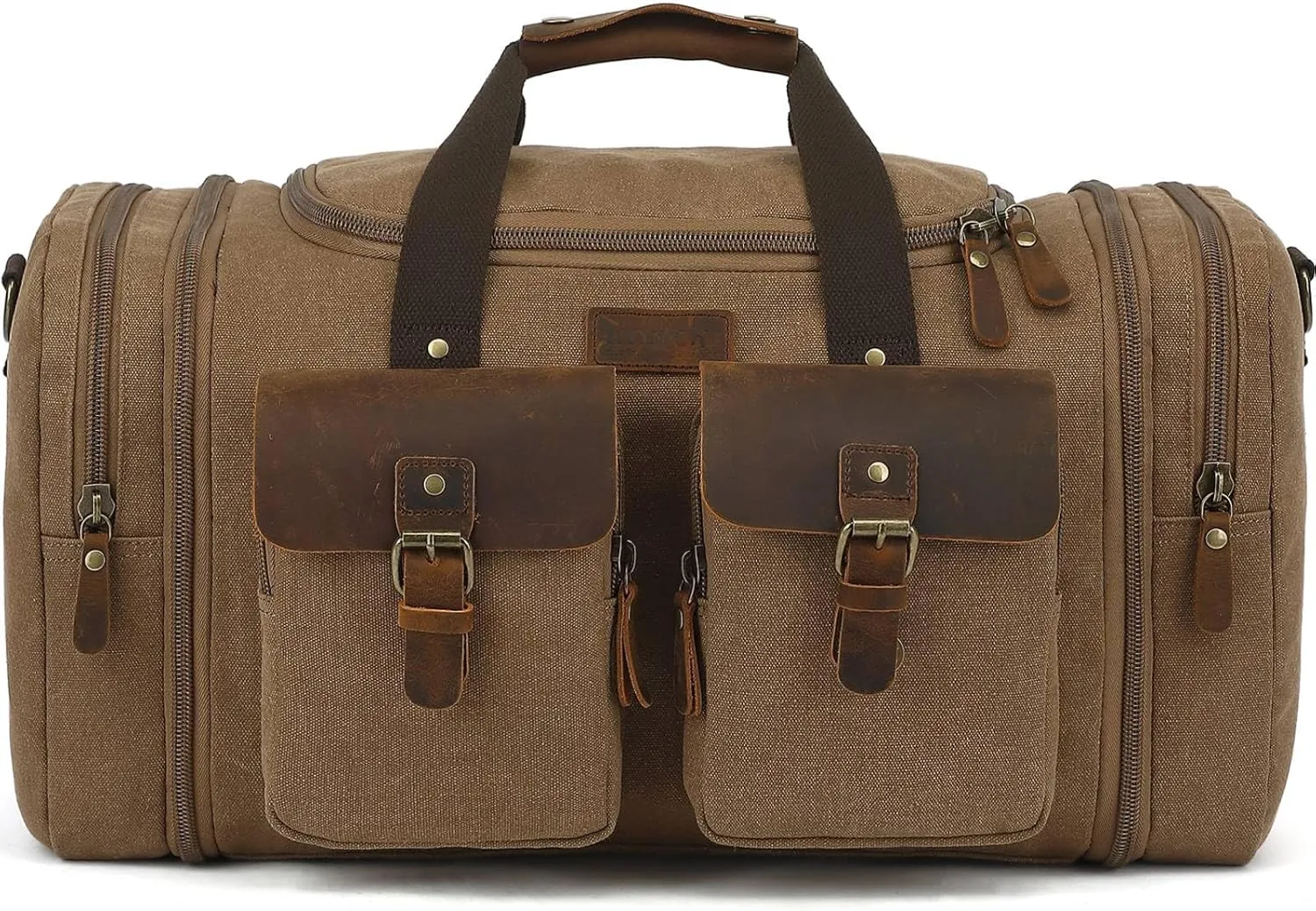 Imyth Retro Crazy Horse Leather Canvas Duffle Bag 60L Expandable Travel Bag for Airplanes (Coffee)