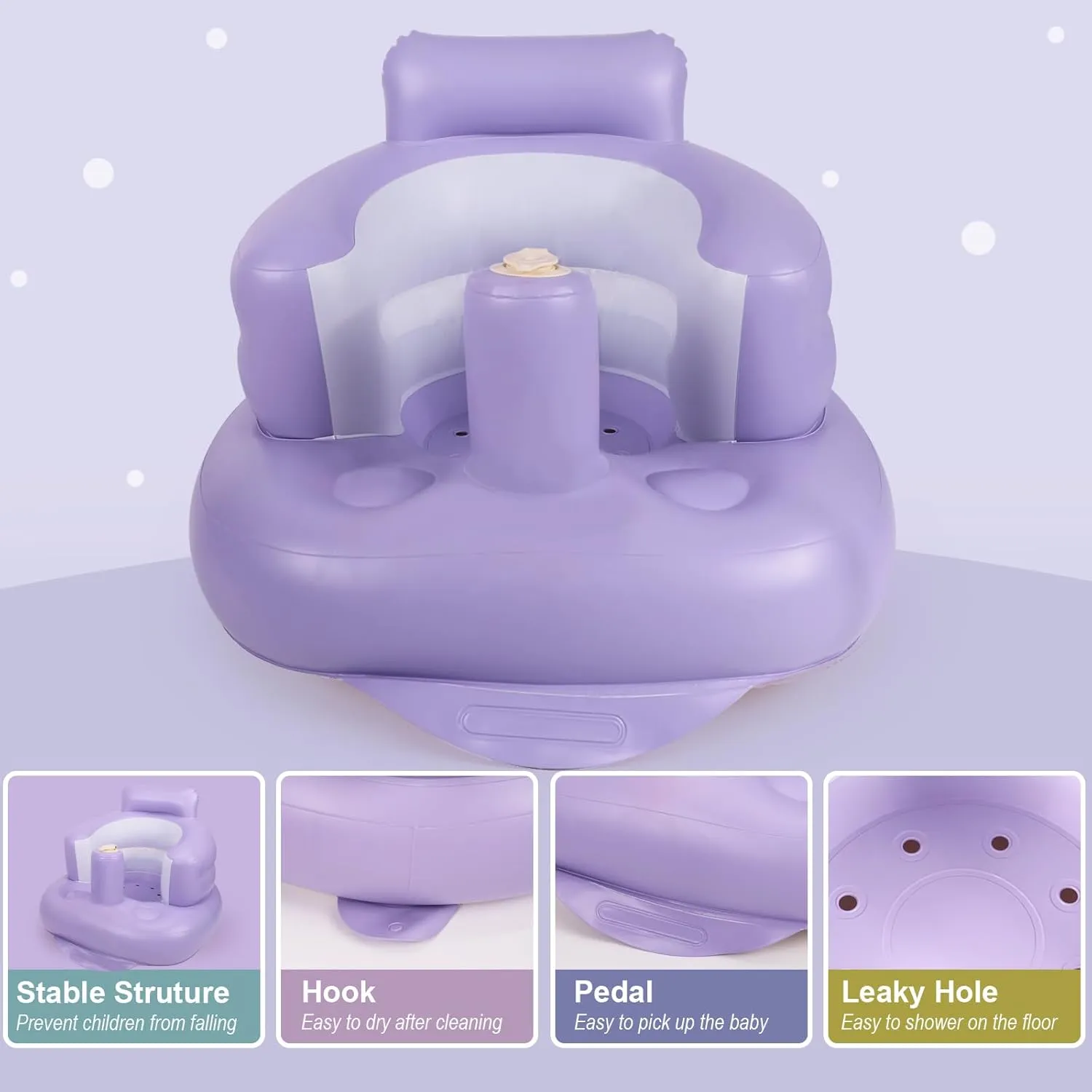 Inflatable Baby Chair, Inflatable Baby Seat for Babies 3 Months and Up, Summer Blow Up Chair with Built in Air Pump, Bumbo Seat for Learning to Sit, Palying, Camping, Purple