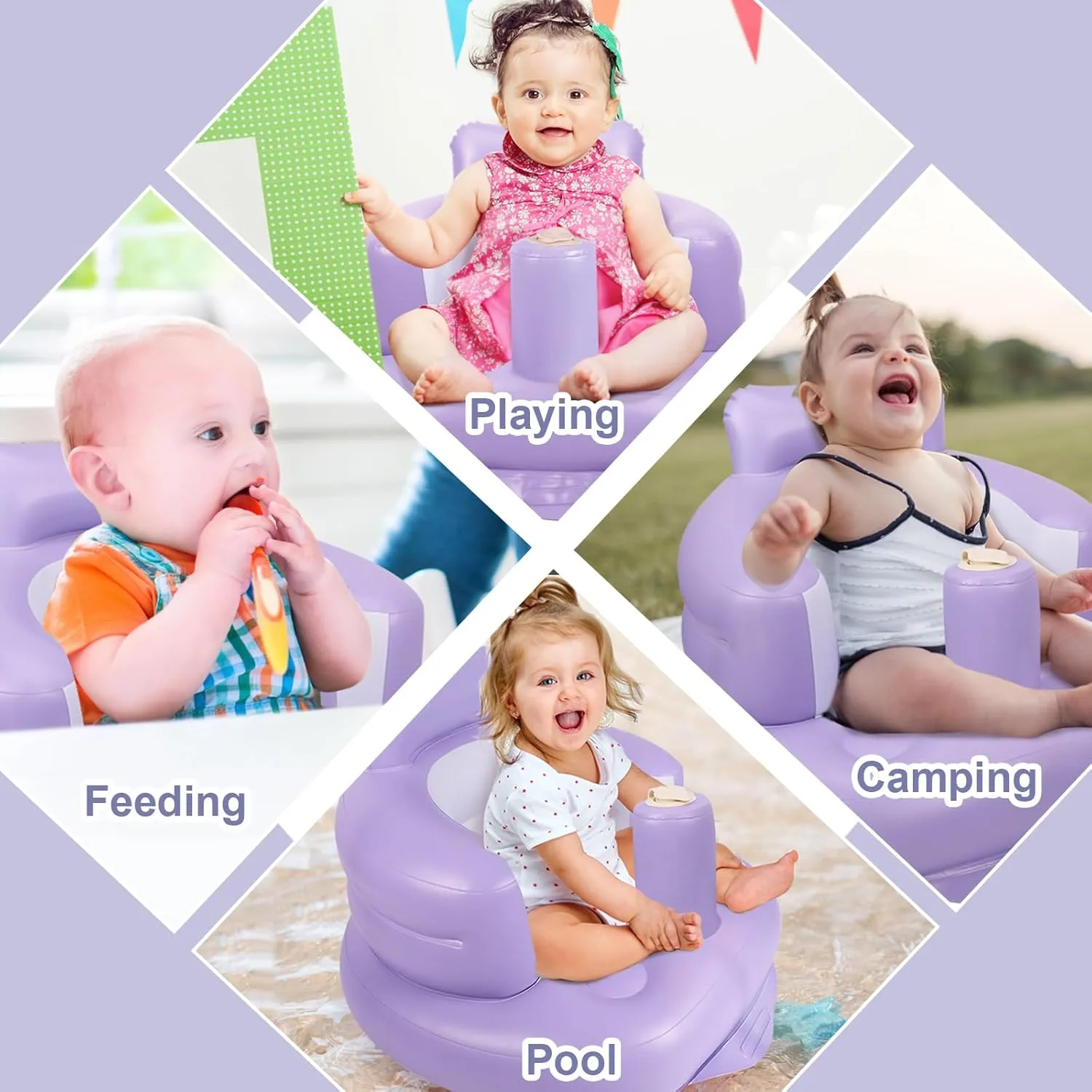 Inflatable Baby Chair, Inflatable Baby Seat for Babies 3 Months and Up, Summer Blow Up Chair with Built in Air Pump, Bumbo Seat for Learning to Sit, Palying, Camping, Purple