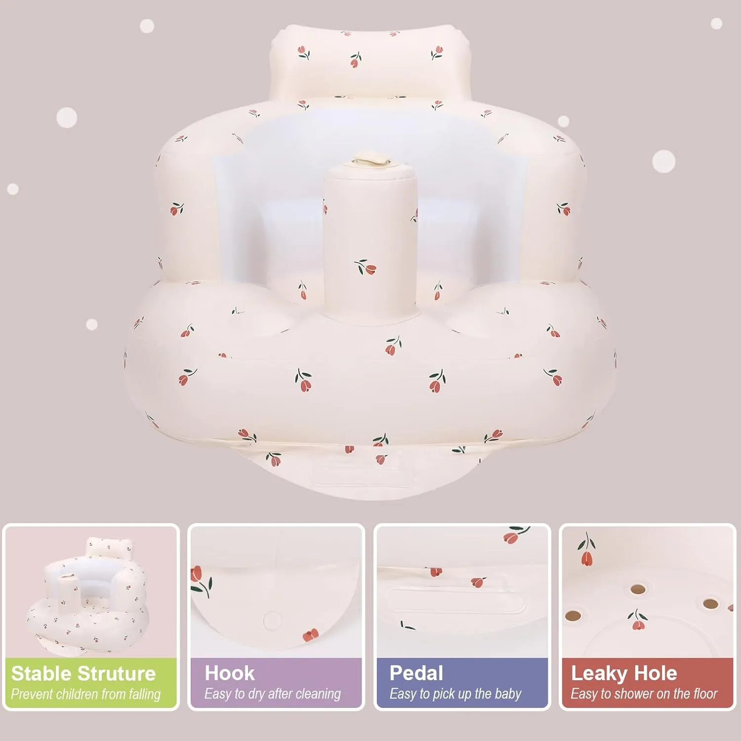 Inflatable Baby Chair, Inflatable Baby Seat for Babies 3 Months and Up, Summer Blow Up Chair with Built in Air Pump, Infant Floor Seats for Learning to Sit, Palying, Camping, Tulip