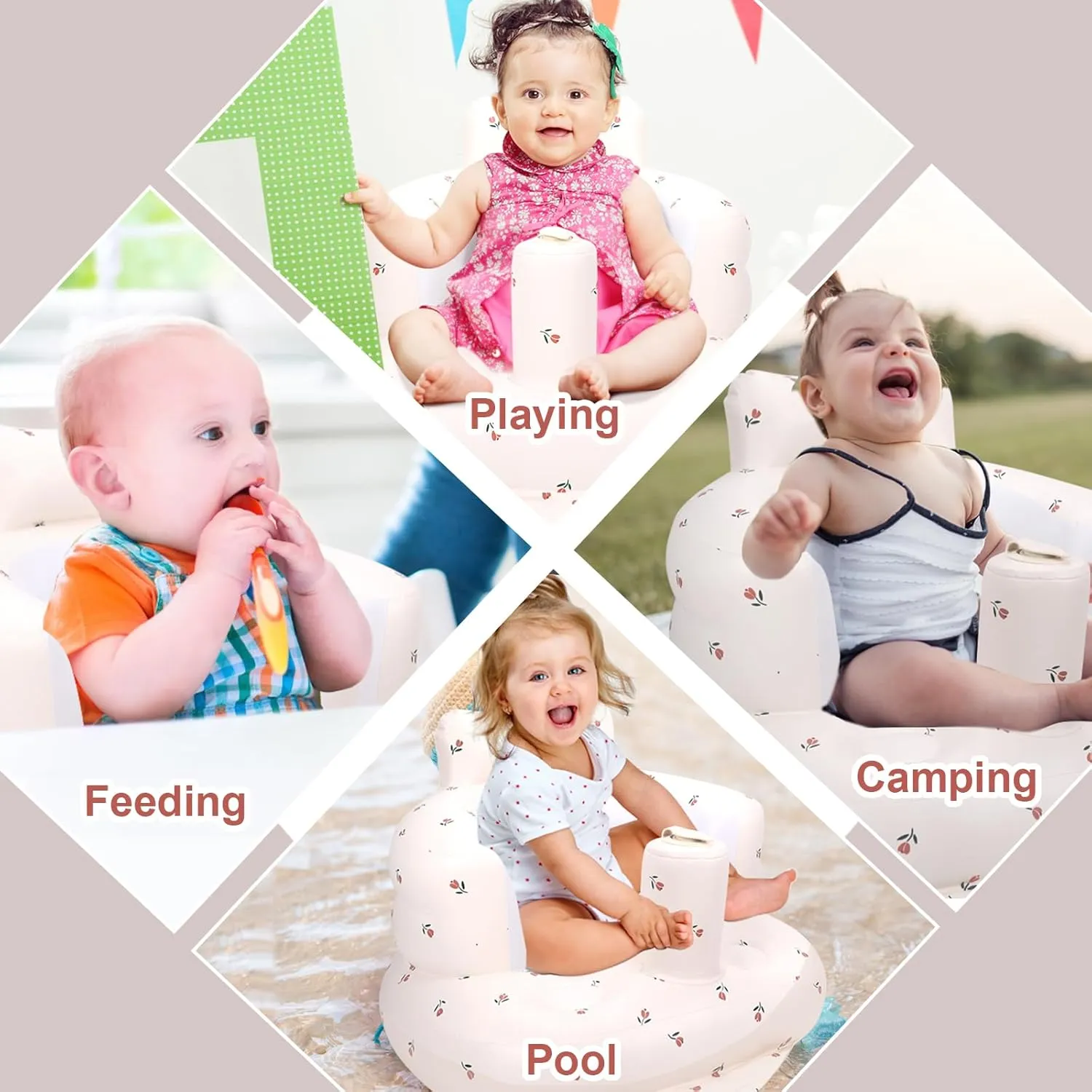 Inflatable Baby Chair, Inflatable Baby Seat for Babies 3 Months and Up, Summer Blow Up Chair with Built in Air Pump, Infant Floor Seats for Learning to Sit, Palying, Camping, Tulip