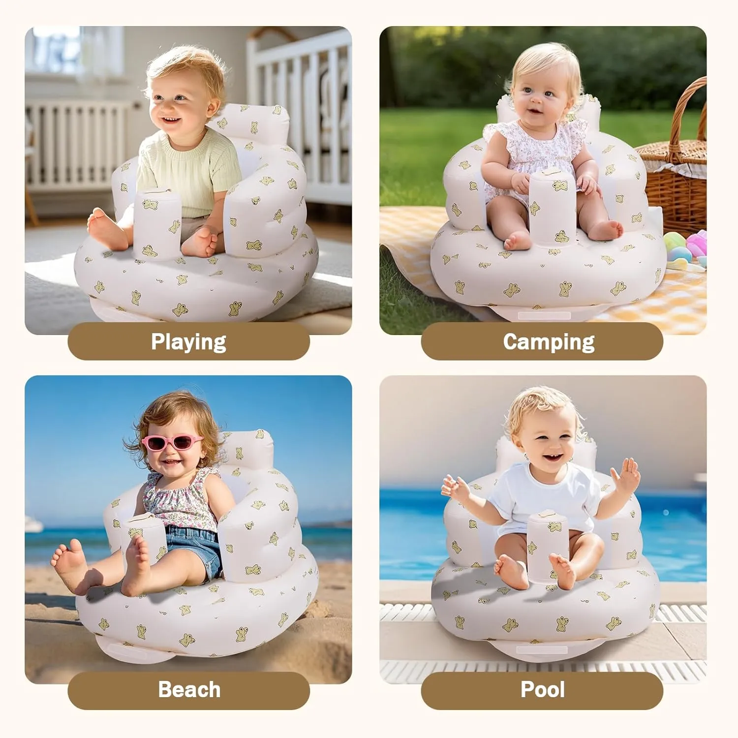 Inflatable Baby Seat, Inflatable Baby Chair for Babies 3 Months and Up Summer Baby Inflatable Seat for Sitting Up, Blow Up Baby Floor Seat with Built in Air Pump, Bear