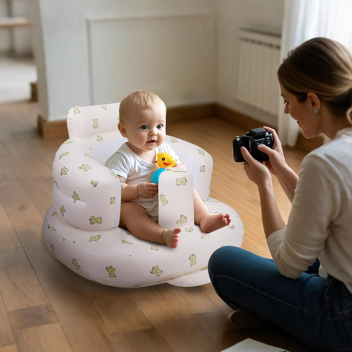 Inflatable Baby Seat, Inflatable Baby Chair for Babies 3 Months and Up Summer Baby Inflatable Seat for Sitting Up, Blow Up Baby Floor Seat with Built in Air Pump, Bear