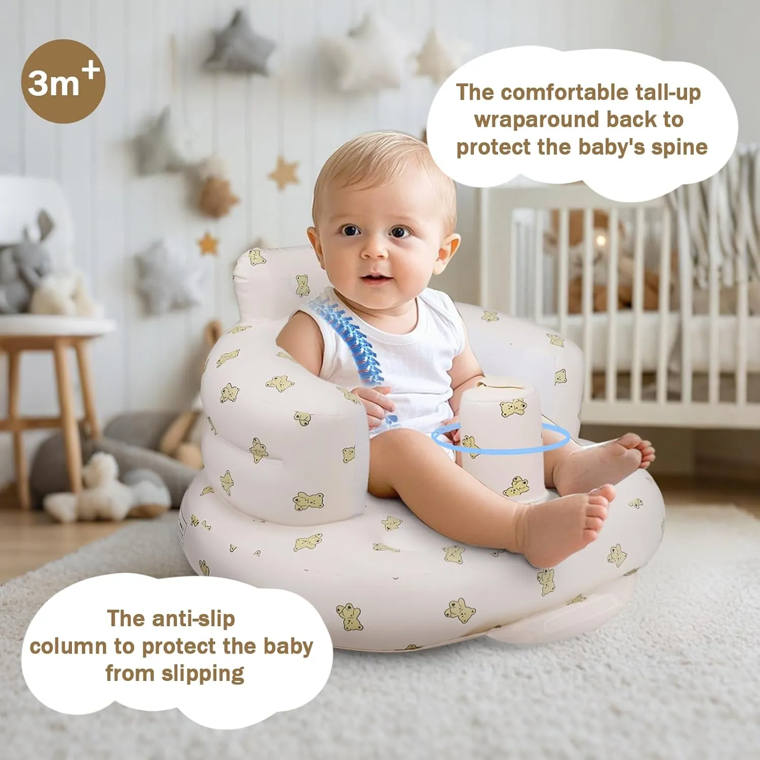 Inflatable Baby Seat, Inflatable Baby Chair for Babies 3 Months and Up Summer Baby Inflatable Seat for Sitting Up, Blow Up Baby Floor Seat with Built in Air Pump, Bear