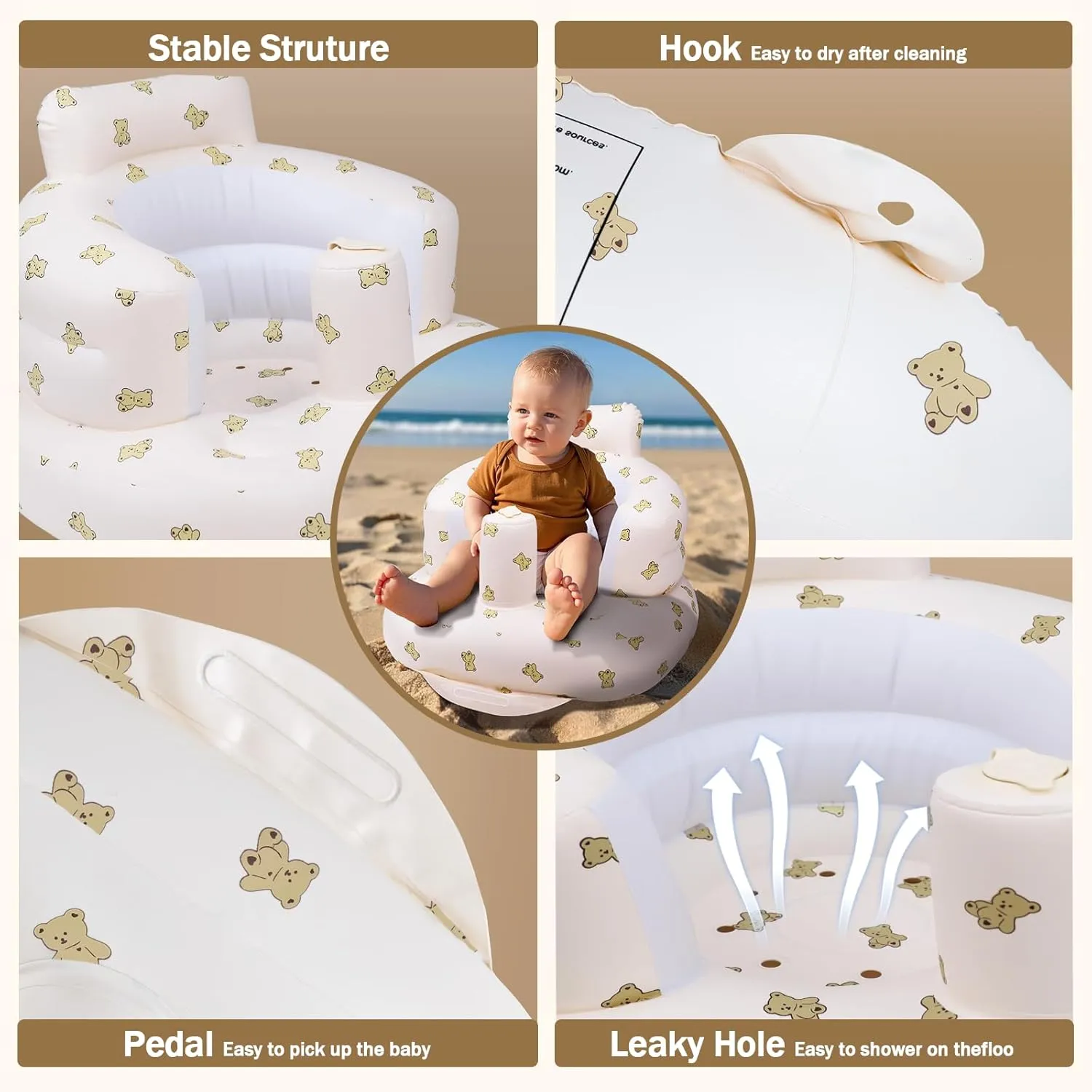 Inflatable Baby Seat, Inflatable Baby Chair for Babies 3 Months and Up Summer Baby Inflatable Seat for Sitting Up, Blow Up Baby Floor Seat with Built in Air Pump, Bear