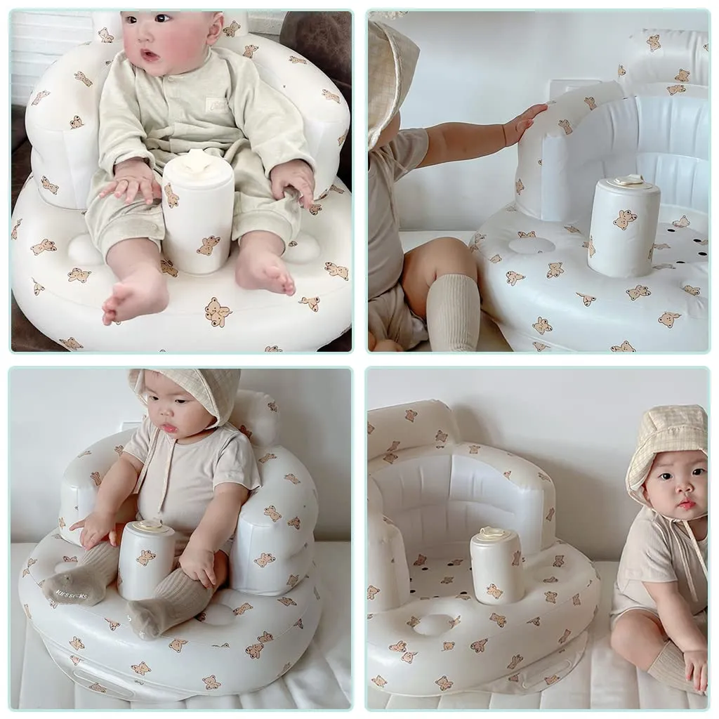 Inflatable Baby Seat, Inflatable Baby Chair for Babies 3 Months and Up Summer Baby Inflatable Seat for Sitting Up, Blow Up Baby Floor Seat with Built in Air Pump, Bear