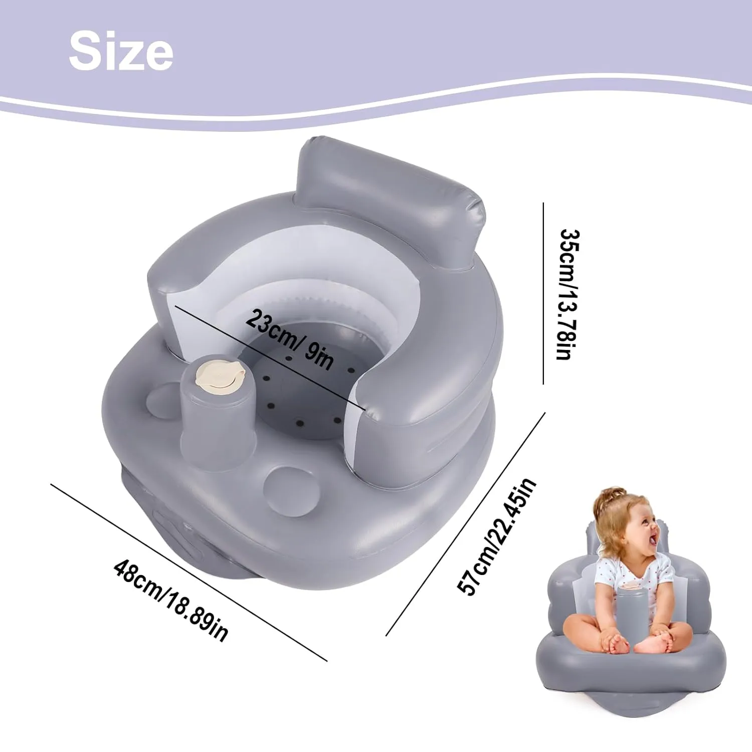 Inflatable Baby Seat, Inflatable Baby Chair for Babies 3 Months and Up, Summer Blow Up Chair with Built in Air Pump, Infant Floor Seats for Learning to Sit, Palying, Camping, Grey