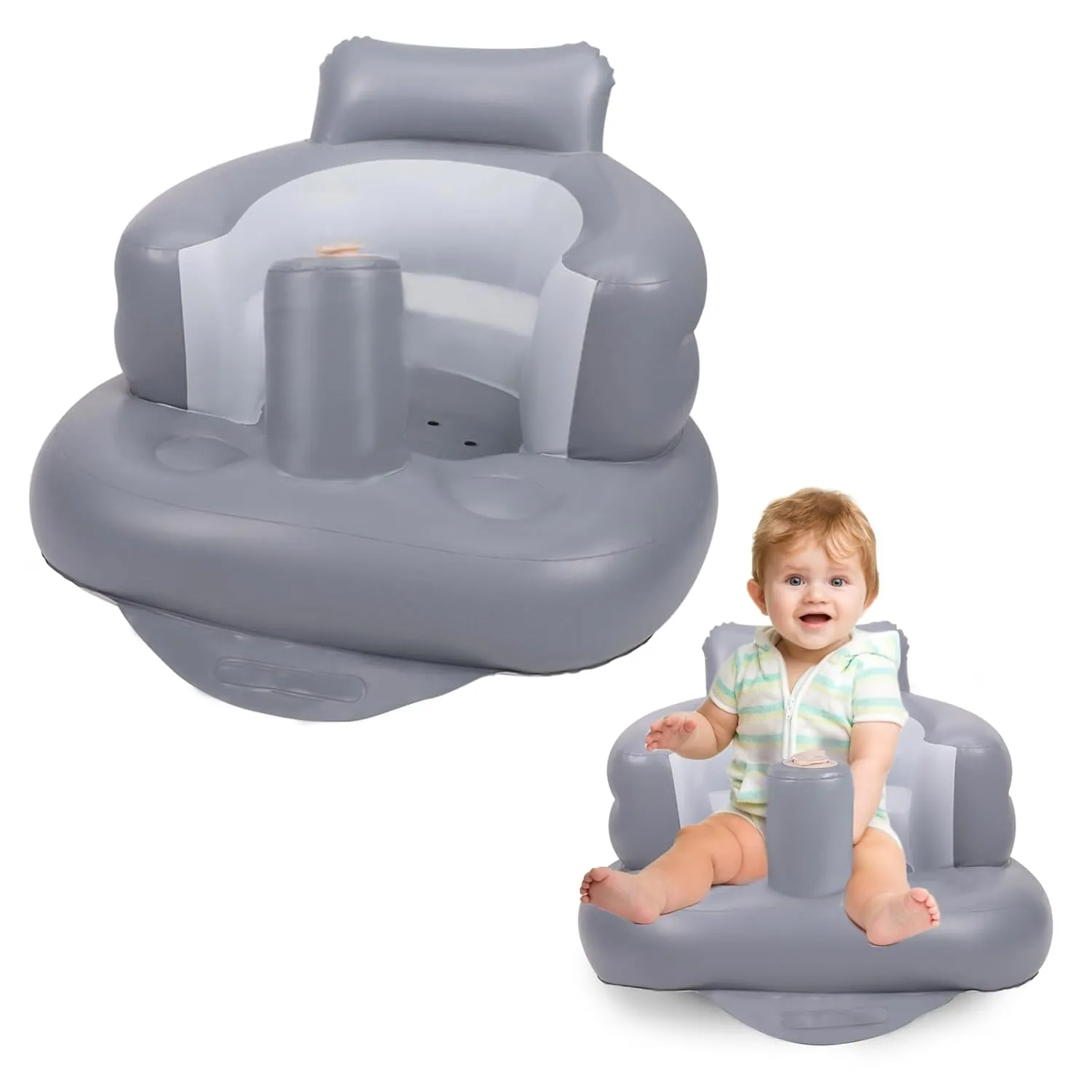 Inflatable Baby Seat, Inflatable Baby Chair for Babies 3 Months and Up, Summer Blow Up Chair with Built in Air Pump, Infant Floor Seats for Learning to Sit, Palying, Camping, Grey
