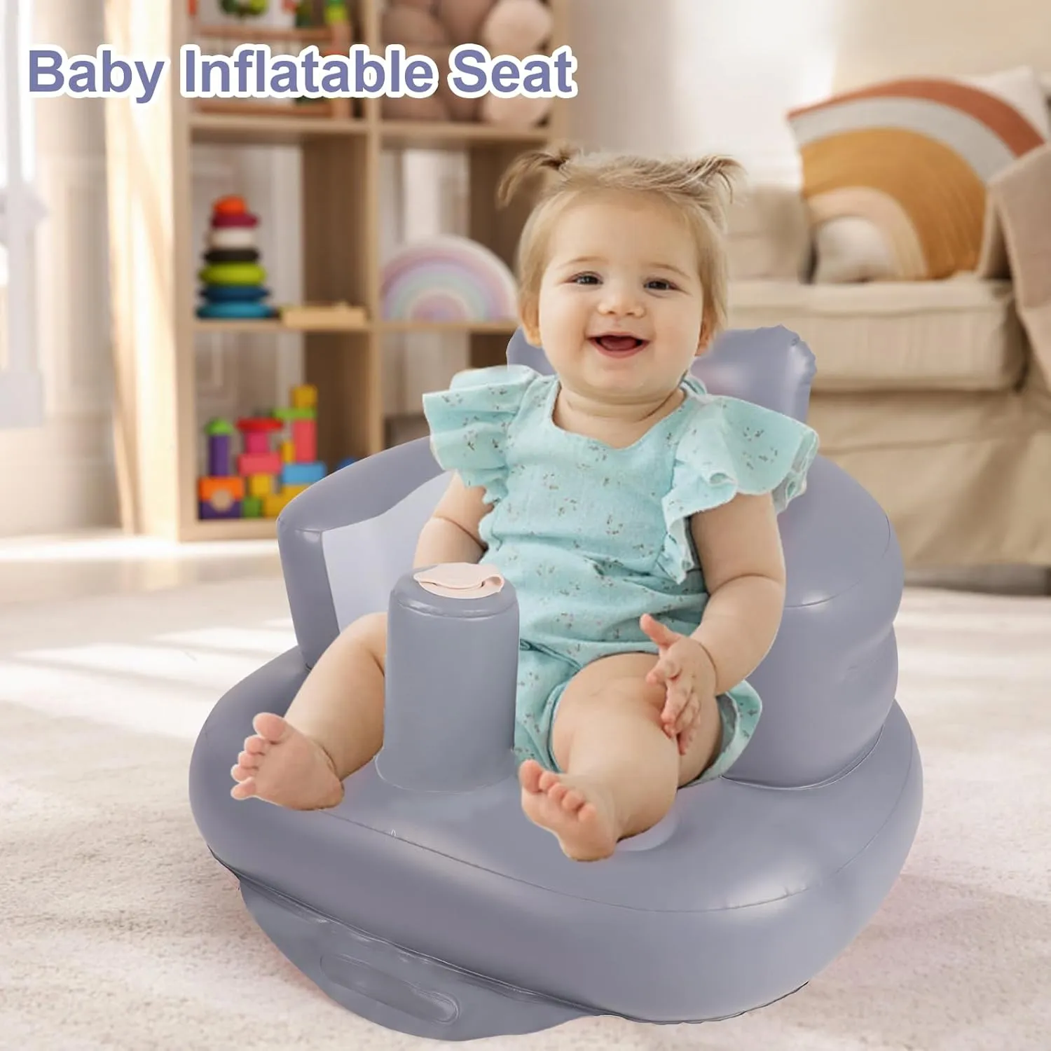 Inflatable Baby Seat, Inflatable Baby Chair for Babies 3 Months and Up, Summer Blow Up Chair with Built in Air Pump, Infant Floor Seats for Learning to Sit, Palying, Camping, Grey