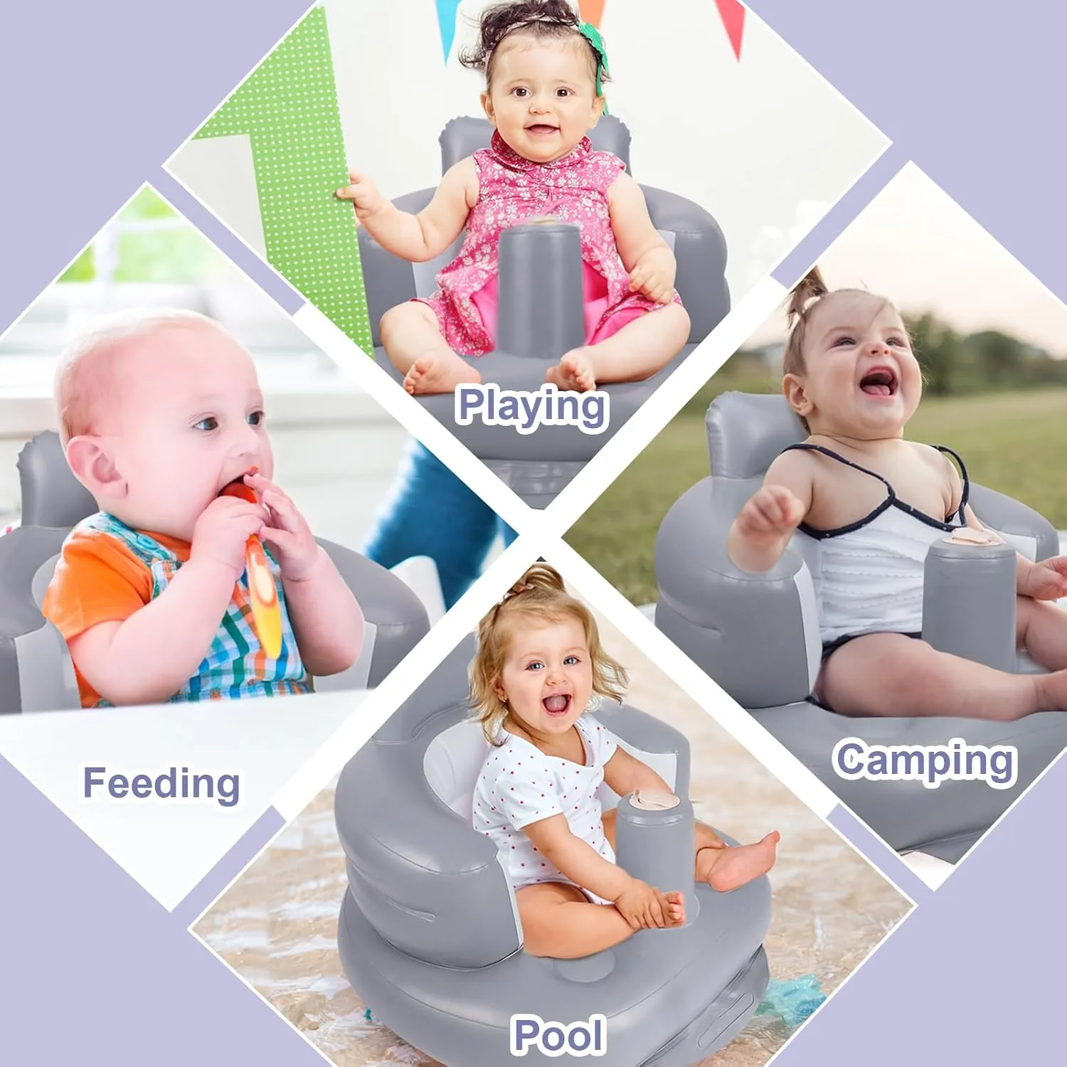 Inflatable Baby Seat, Inflatable Baby Chair for Babies 3 Months and Up, Summer Blow Up Chair with Built in Air Pump, Infant Floor Seats for Learning to Sit, Palying, Camping, Grey