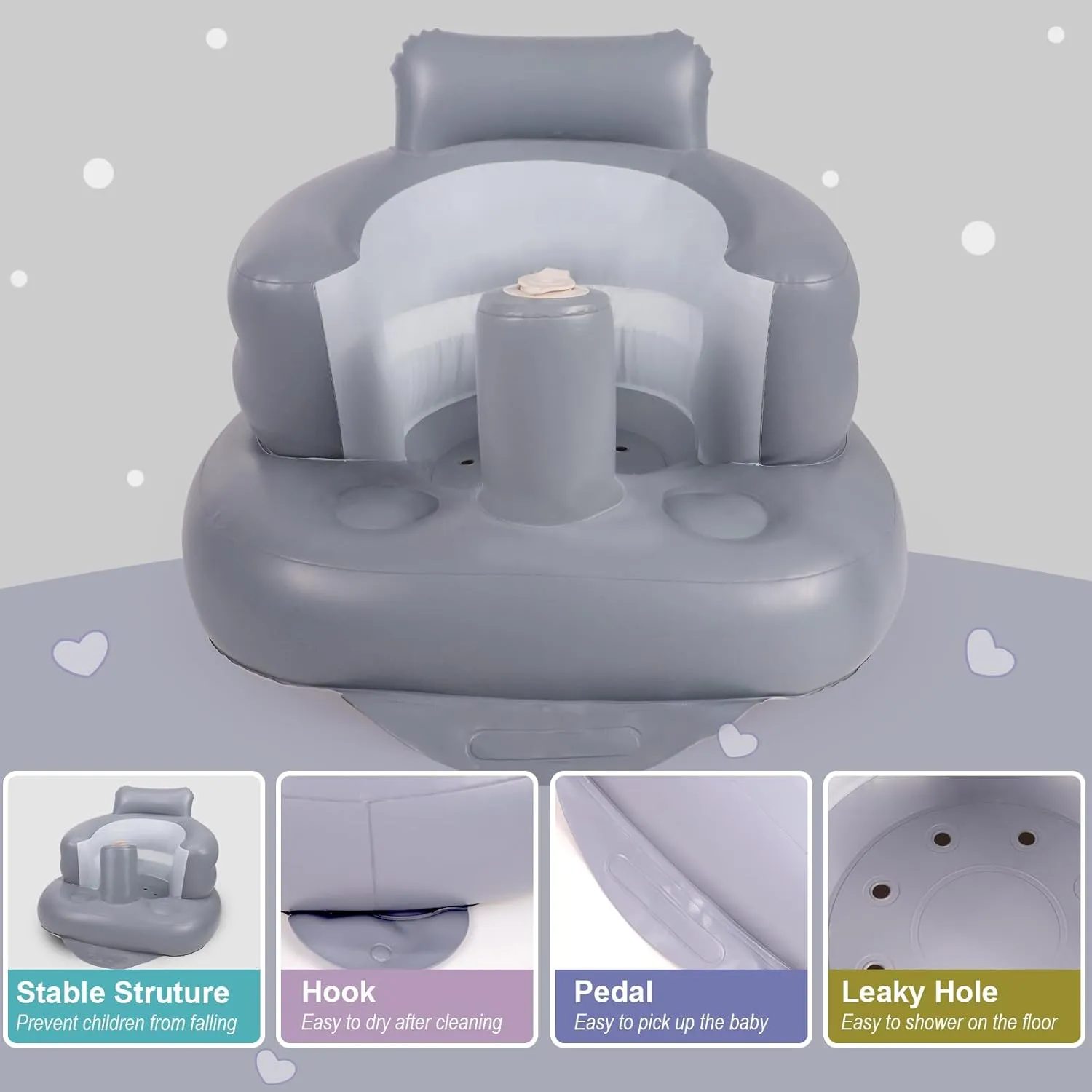 Inflatable Baby Seat, Inflatable Baby Chair for Babies 3 Months and Up, Summer Blow Up Chair with Built in Air Pump, Infant Floor Seats for Learning to Sit, Palying, Camping, Grey
