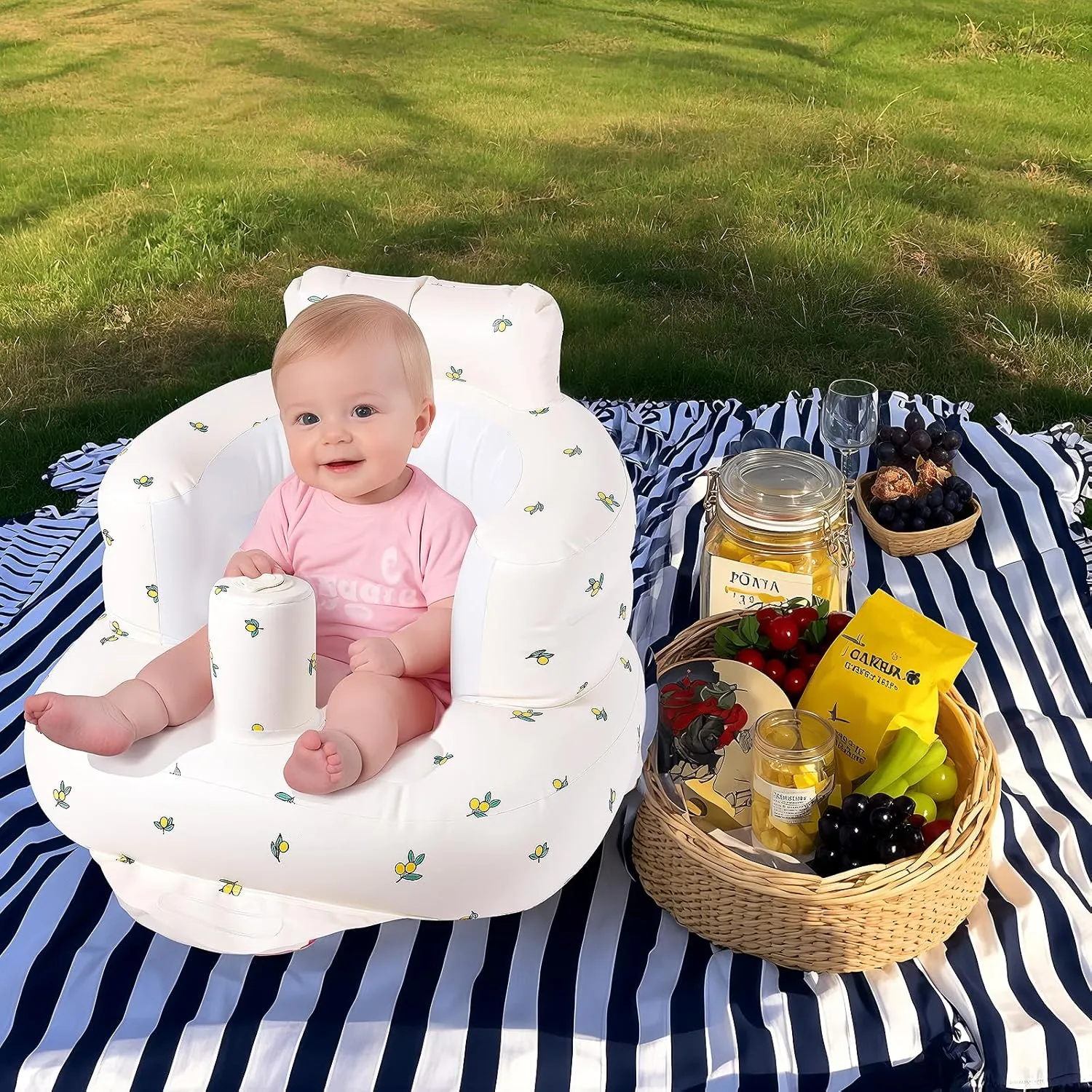 Inflatable Infant Chair for Babies 0-6 Months to Help Sit Up, Baby Blow Up Chair with Built in Pump- Olive Flower