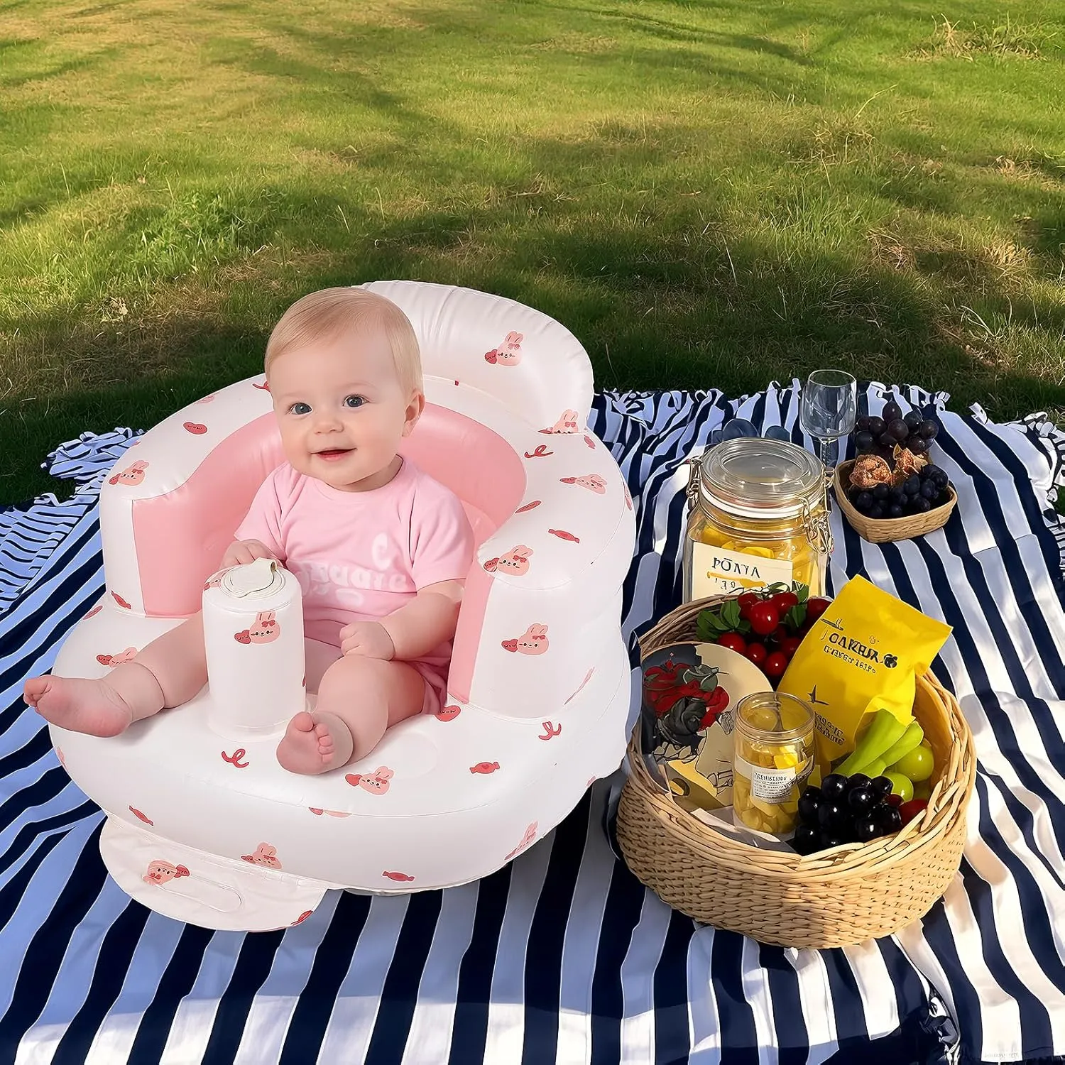 Inflatable Seat for Babies 3-36 Months, Baby Sit Up Chair with Built in Pump, Blow Up Baby Seats for Infants- Pink Bunny