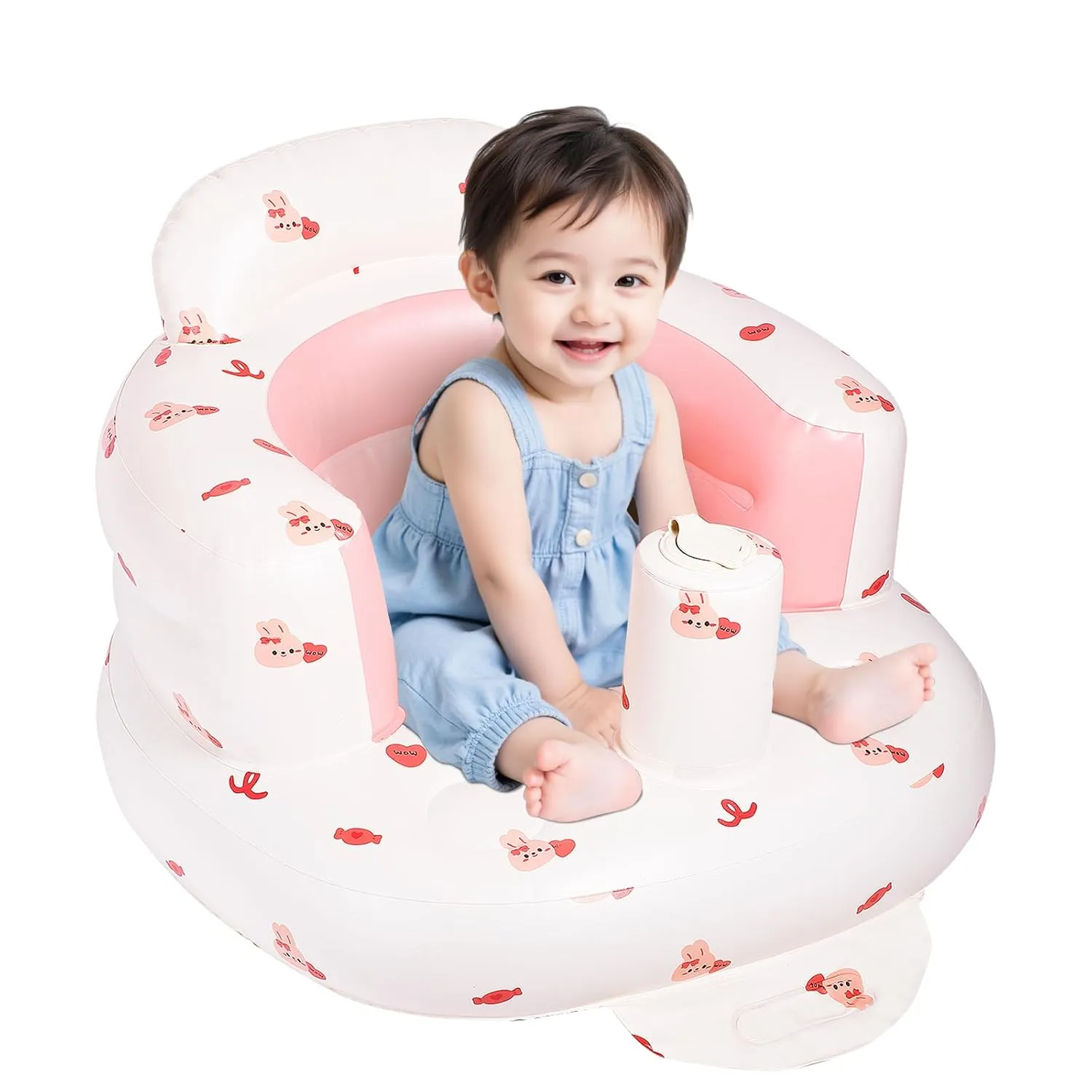 Inflatable Seat for Babies 3-36 Months, Baby Sit Up Chair with Built in Pump, Blow Up Baby Seats for Infants- Pink Bunny